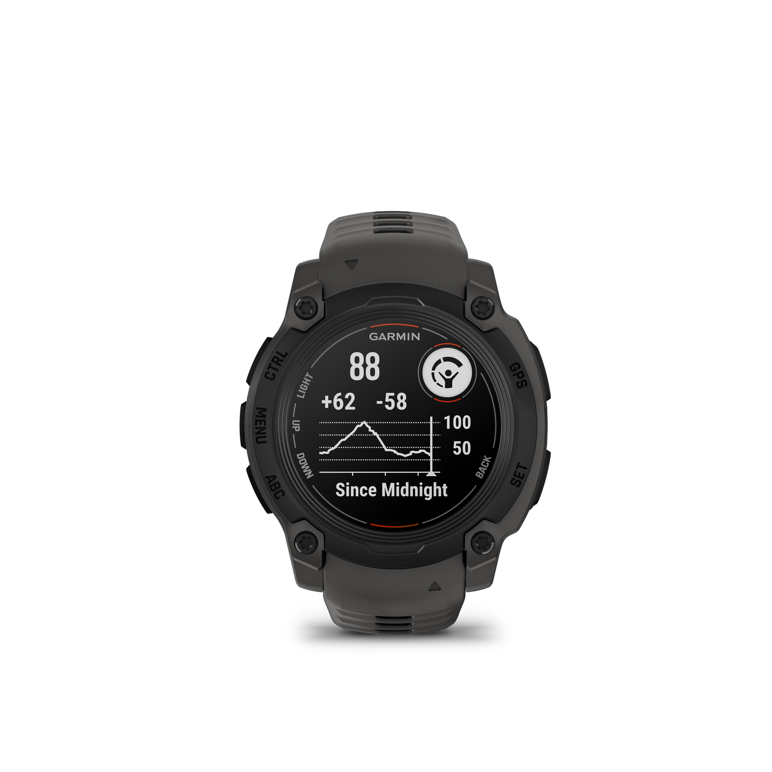 Reloj inteligente Garmin negro mostrando datos, incluyendo frecuencia cardíaca y desde medianoche.