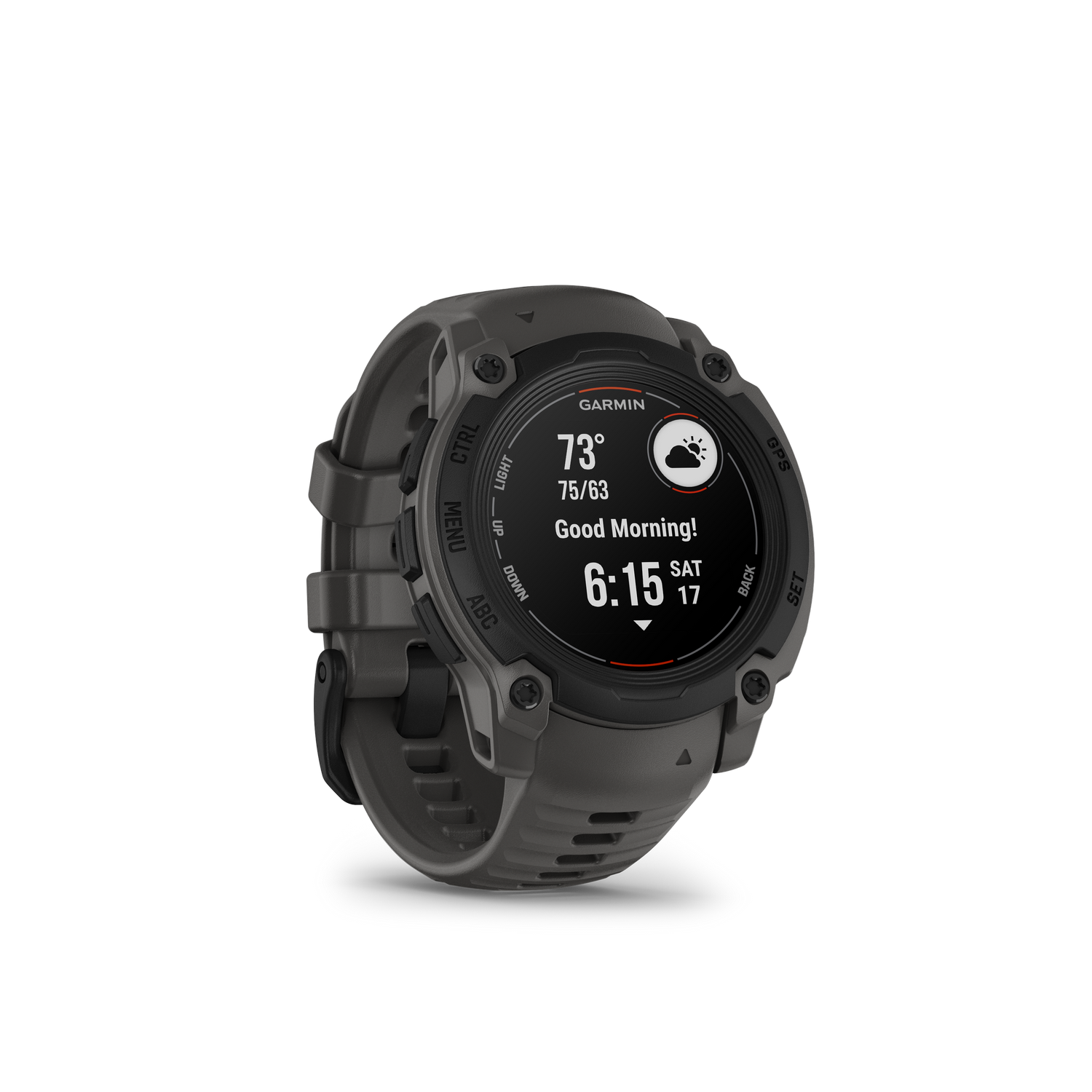 Reloj Garmin mostrando hora, fecha y detalles del clima sobre fondo negro.