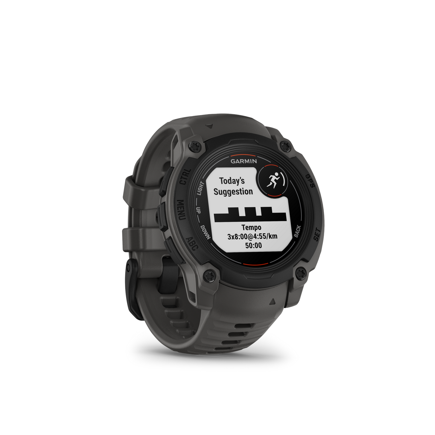 Reloj deportivo Garmin mostrando 'Sugerencia de hoy' para una carrera de ritmo, sobre fondo negro.