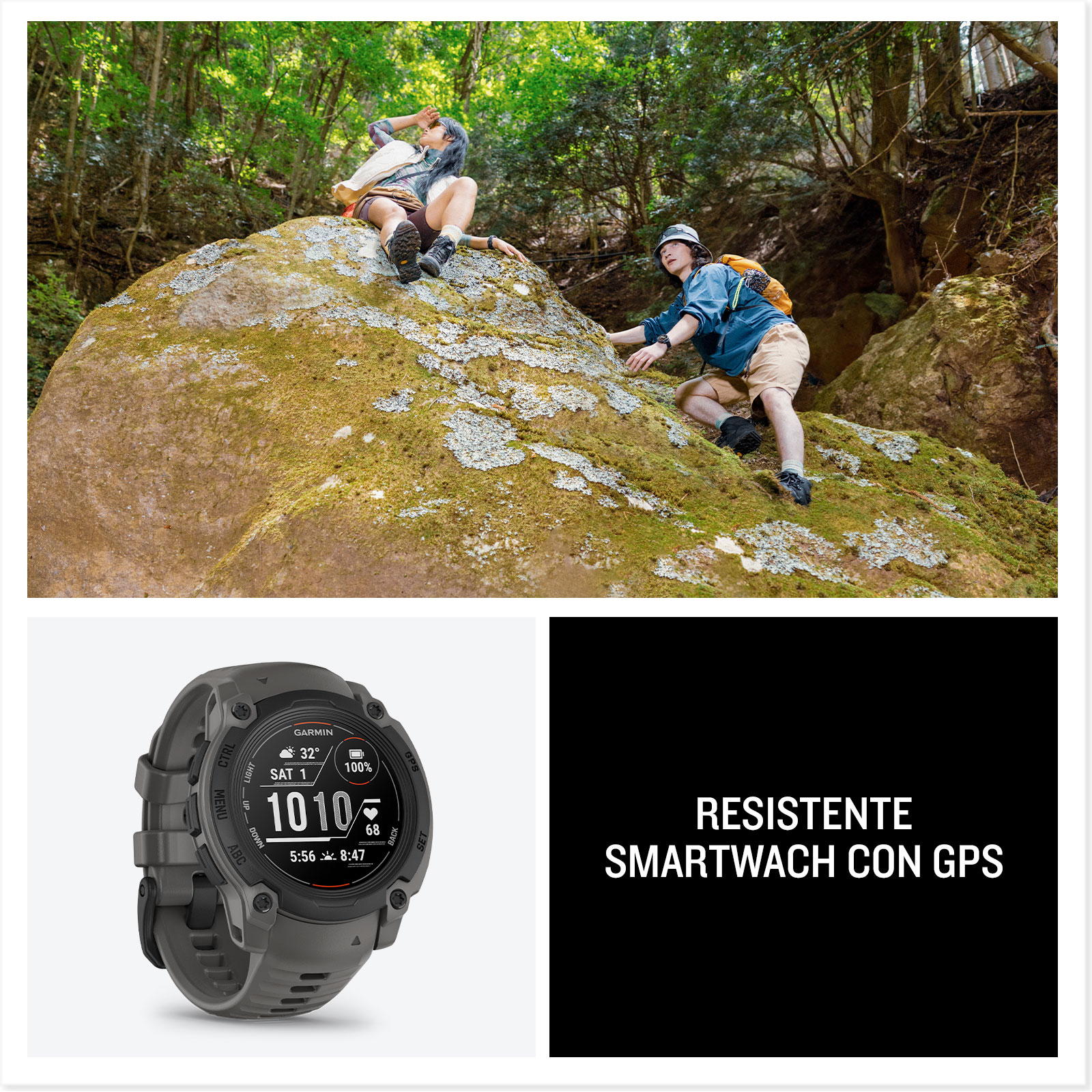 Dos personas escalando una roca, un smartwatch y texto: RESISTENTE SMARTWACH CON GPS.