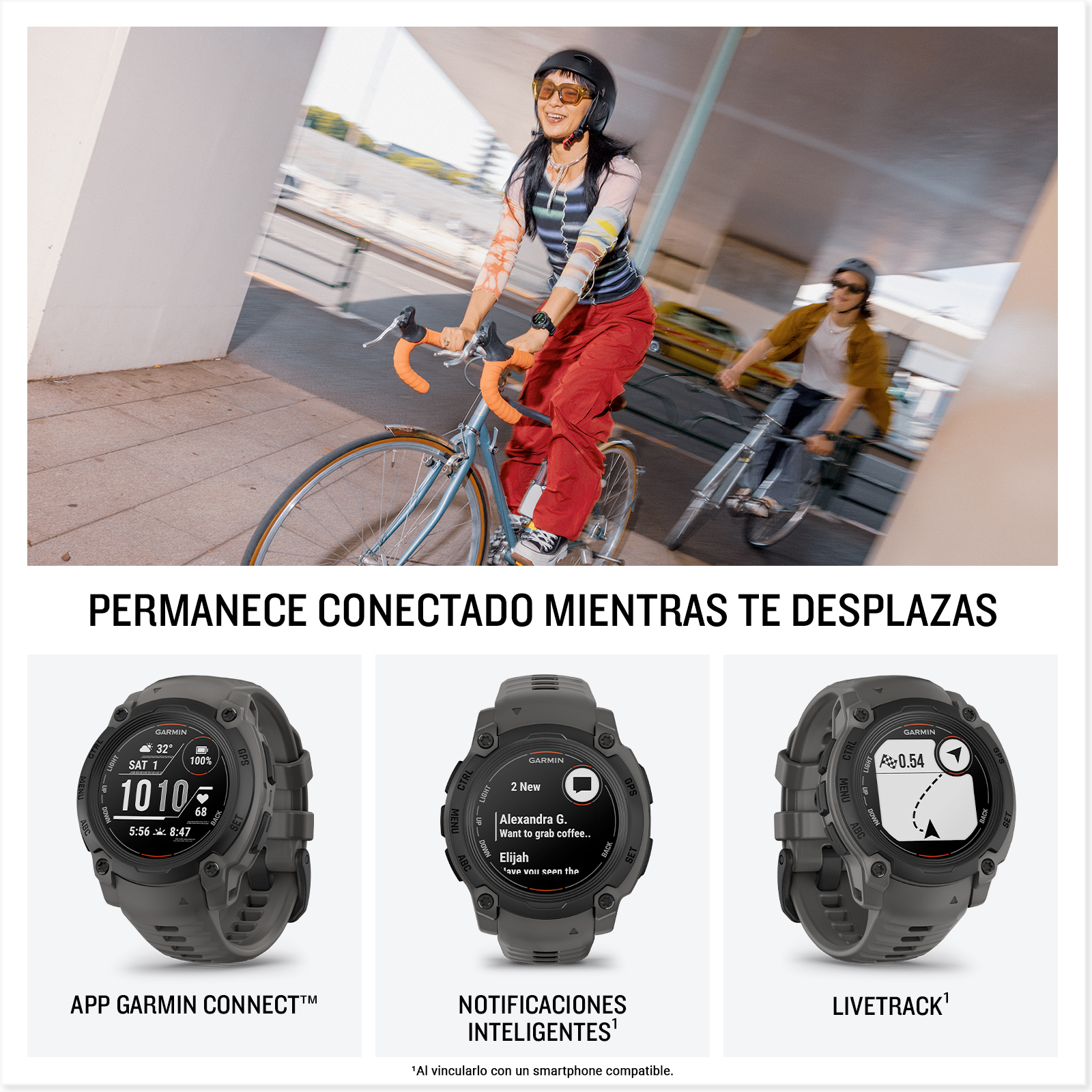 Una mujer montando en bicicleta y un hombre al fondo. Se muestran tres relojes inteligentes abajo.
