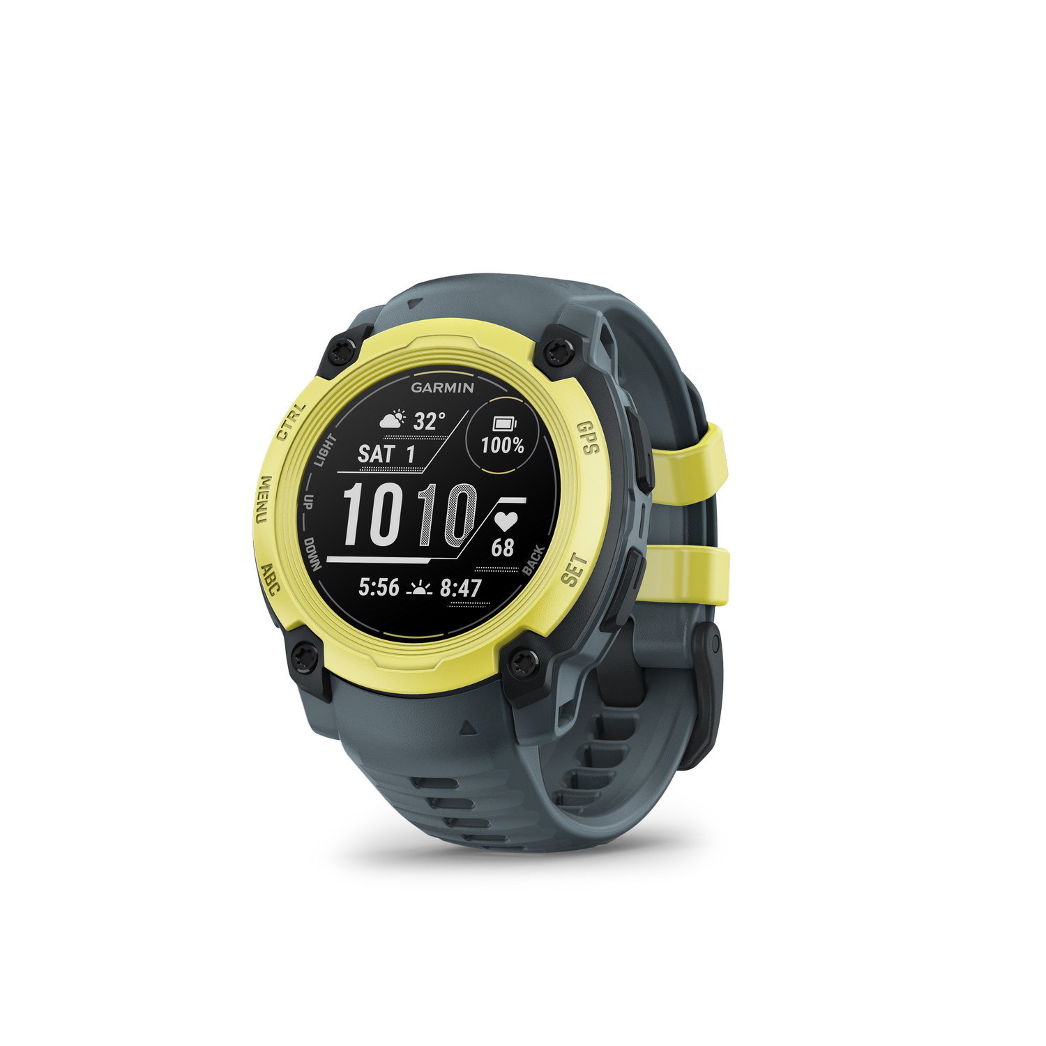 Reloj inteligente Garmin amarillo y gris con fondo negro.