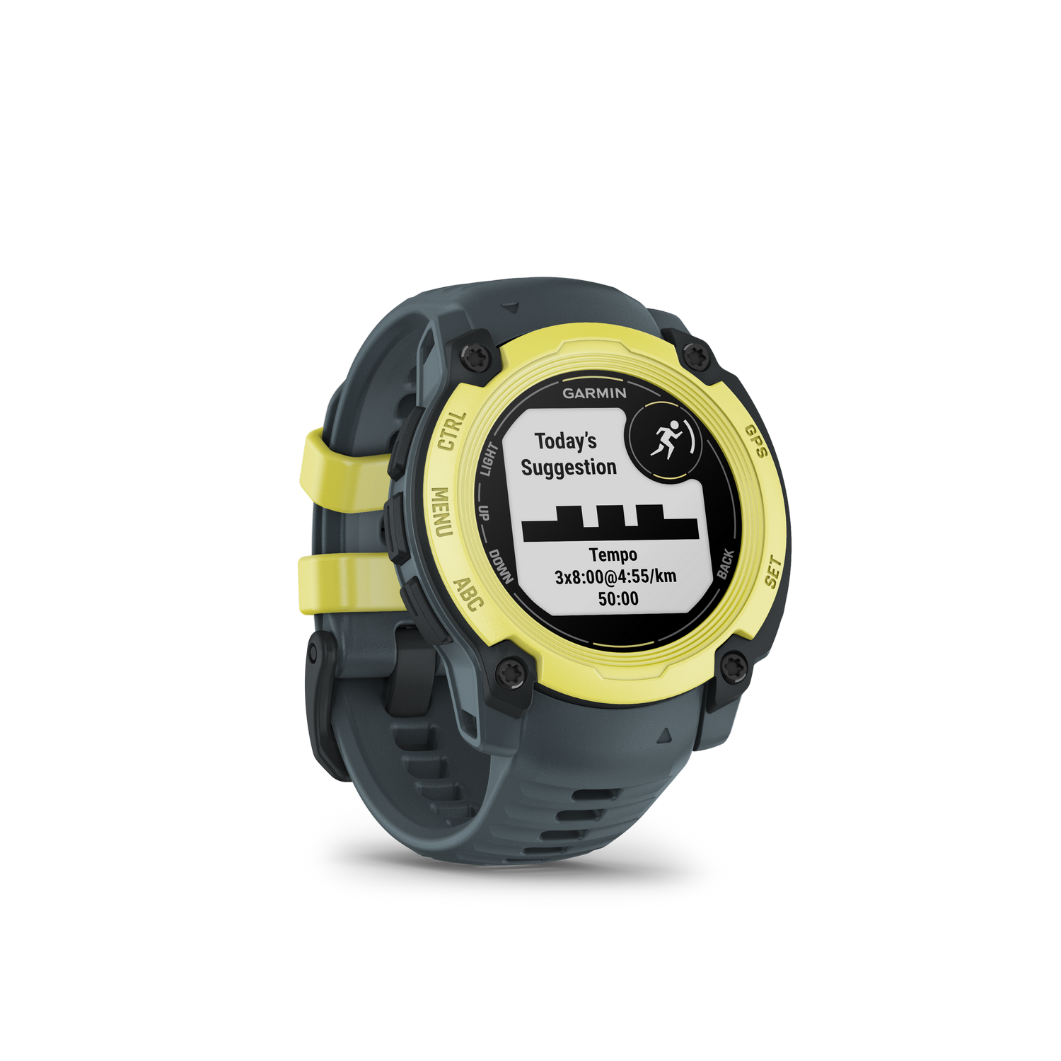 Primer plano de un reloj inteligente con datos de entrenamiento en la pantalla.