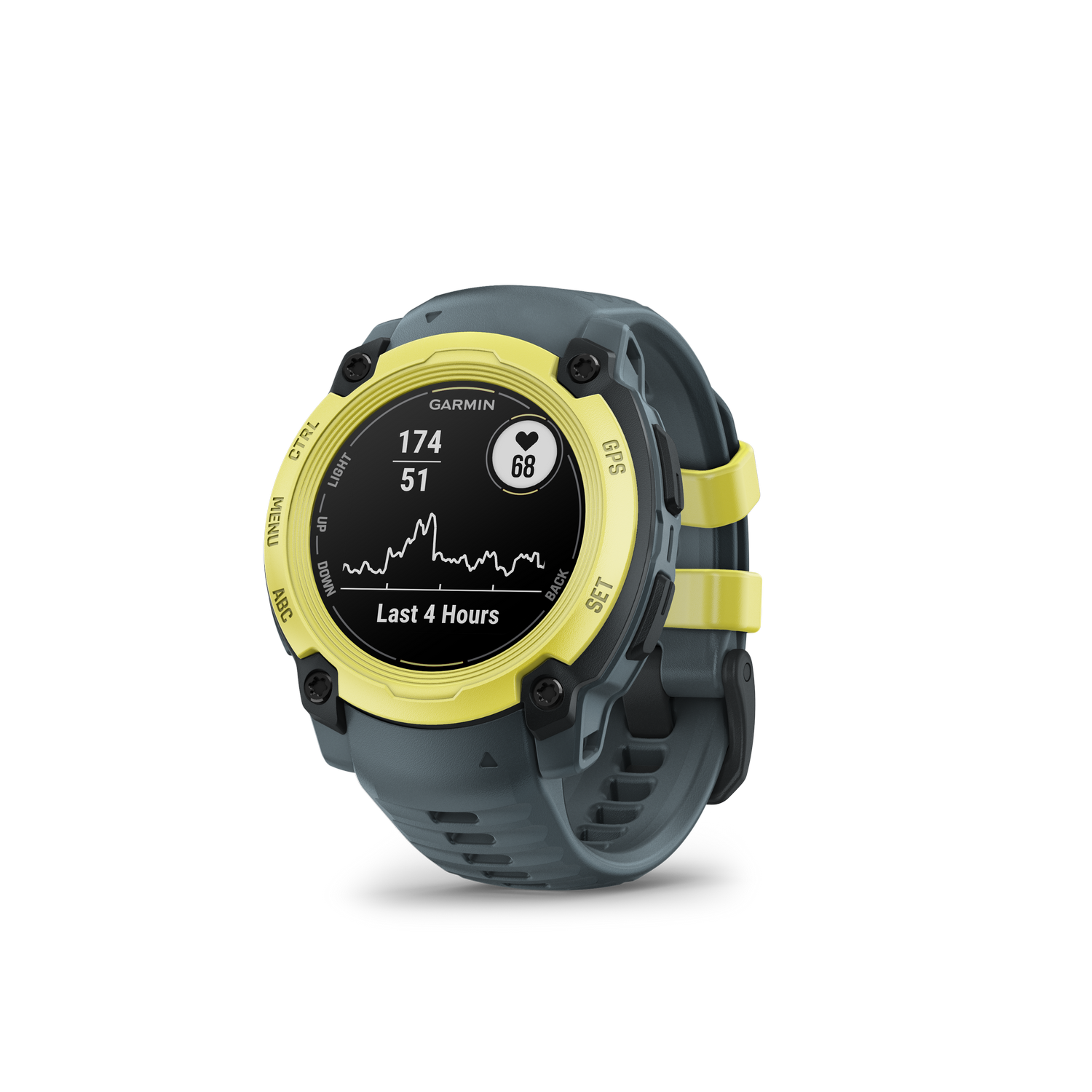 Smartwatch Garmin con detalles amarillos sobre fondo negro.