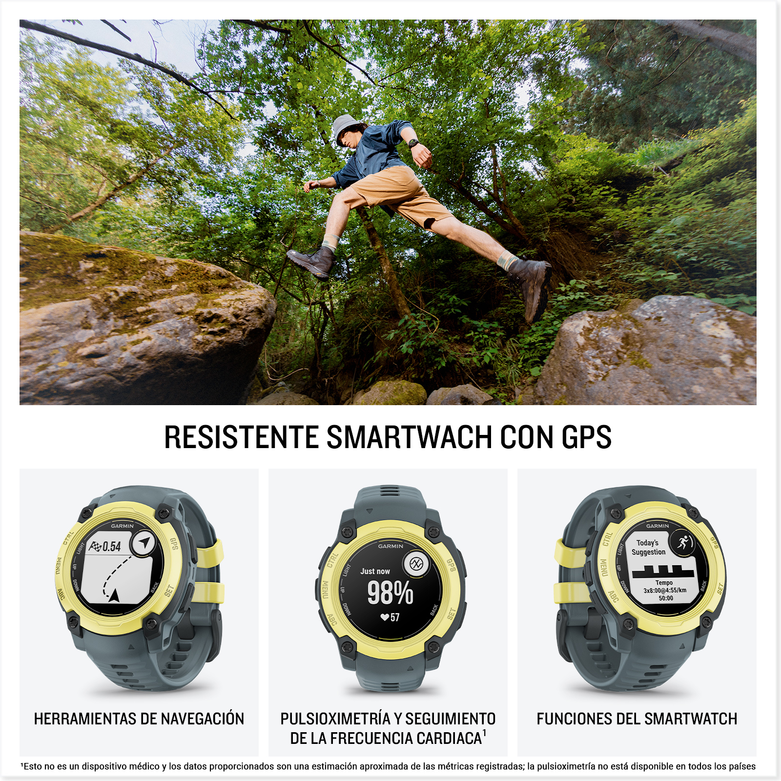 Hombre saltando, reloj Garmin en la muñeca y tres esferas mostrando navegación, pulso ox y funciones inteligentes.