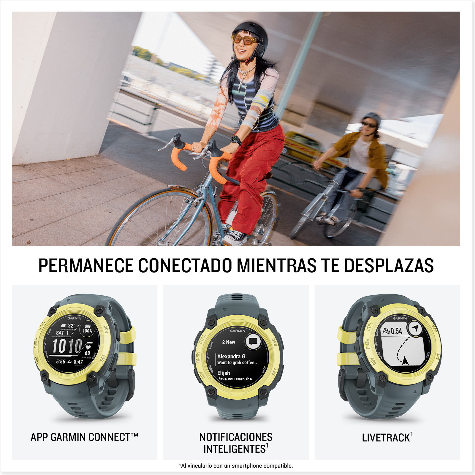 Personas en bicicleta que usan relojes inteligentes con funciones conectadas.