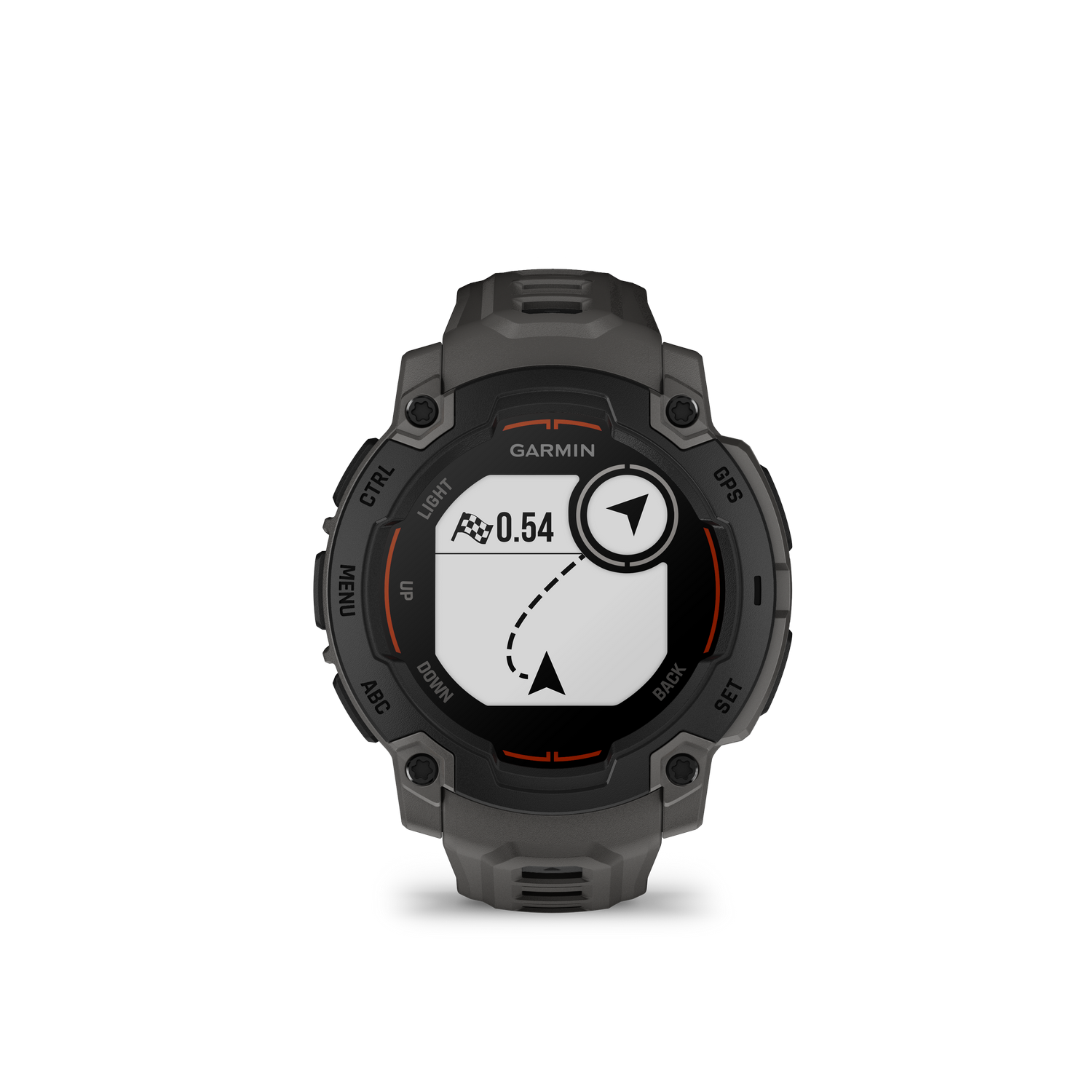 Reloj deportivo Garmin en negro con pantalla de navegación, mostrando un mapa y una flecha direccional.