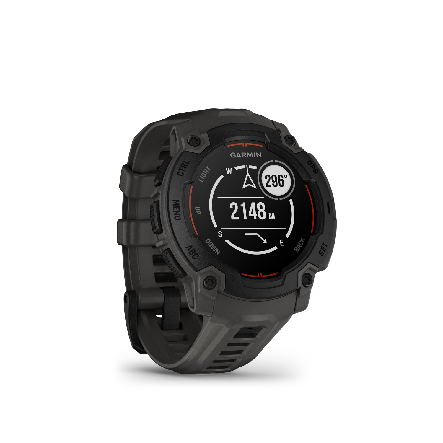Reloj deportivo Garmin en negro, mostrando dirección y distancia a un destino, sobre fondo negro.