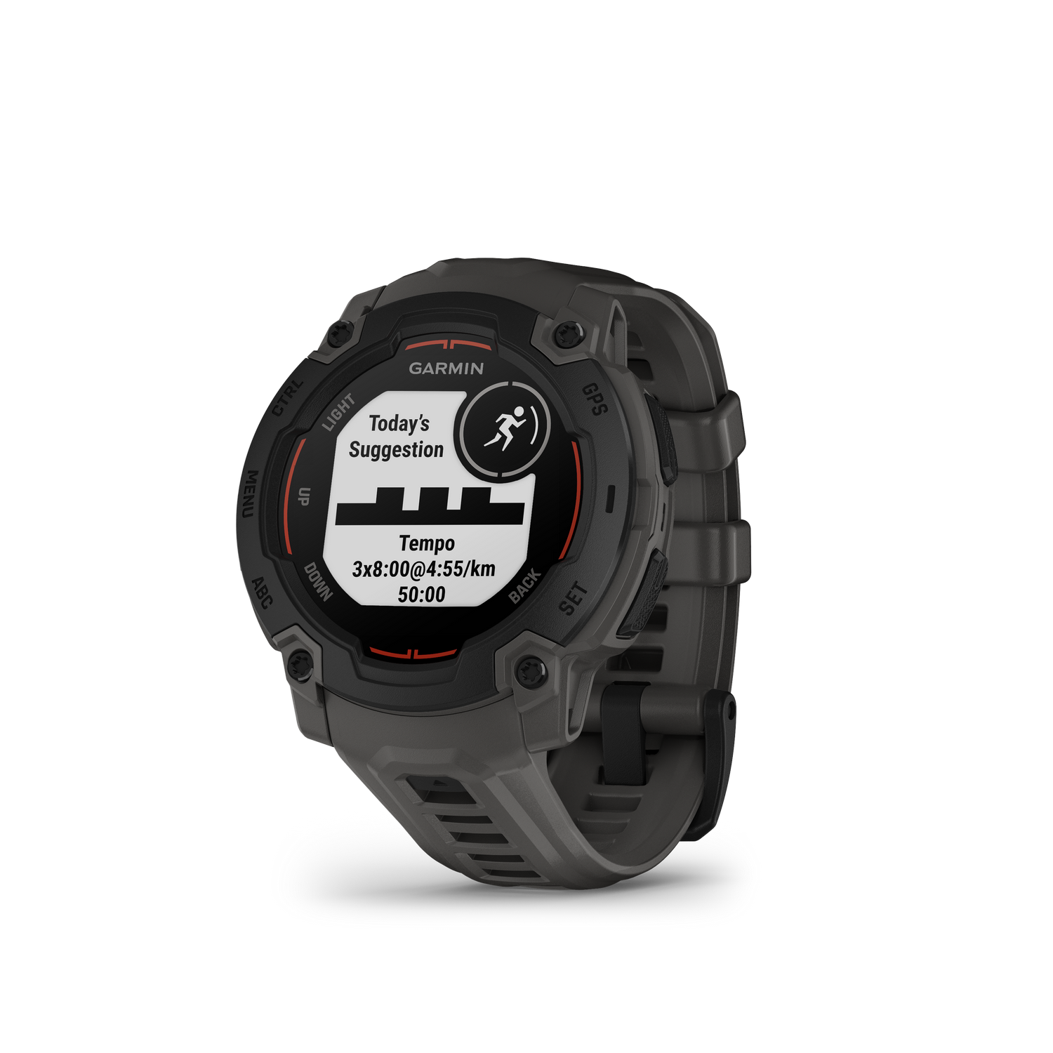 Reloj deportivo Garmin mostrando 'Sugerencia de hoy' para carrera Tempo, con detalles de ritmo, sobre negro.