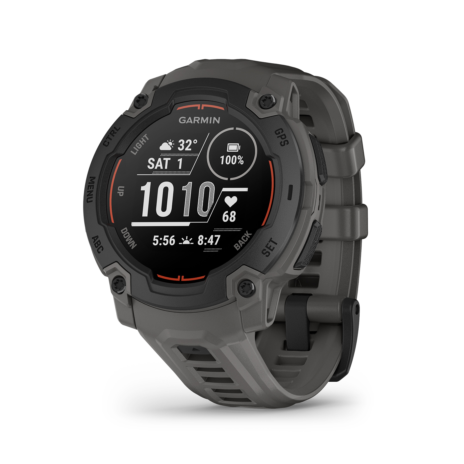 Reloj inteligente Garmin gris. Muestra hora, batería y frecuencia cardíaca con detalles negros y naranjas.