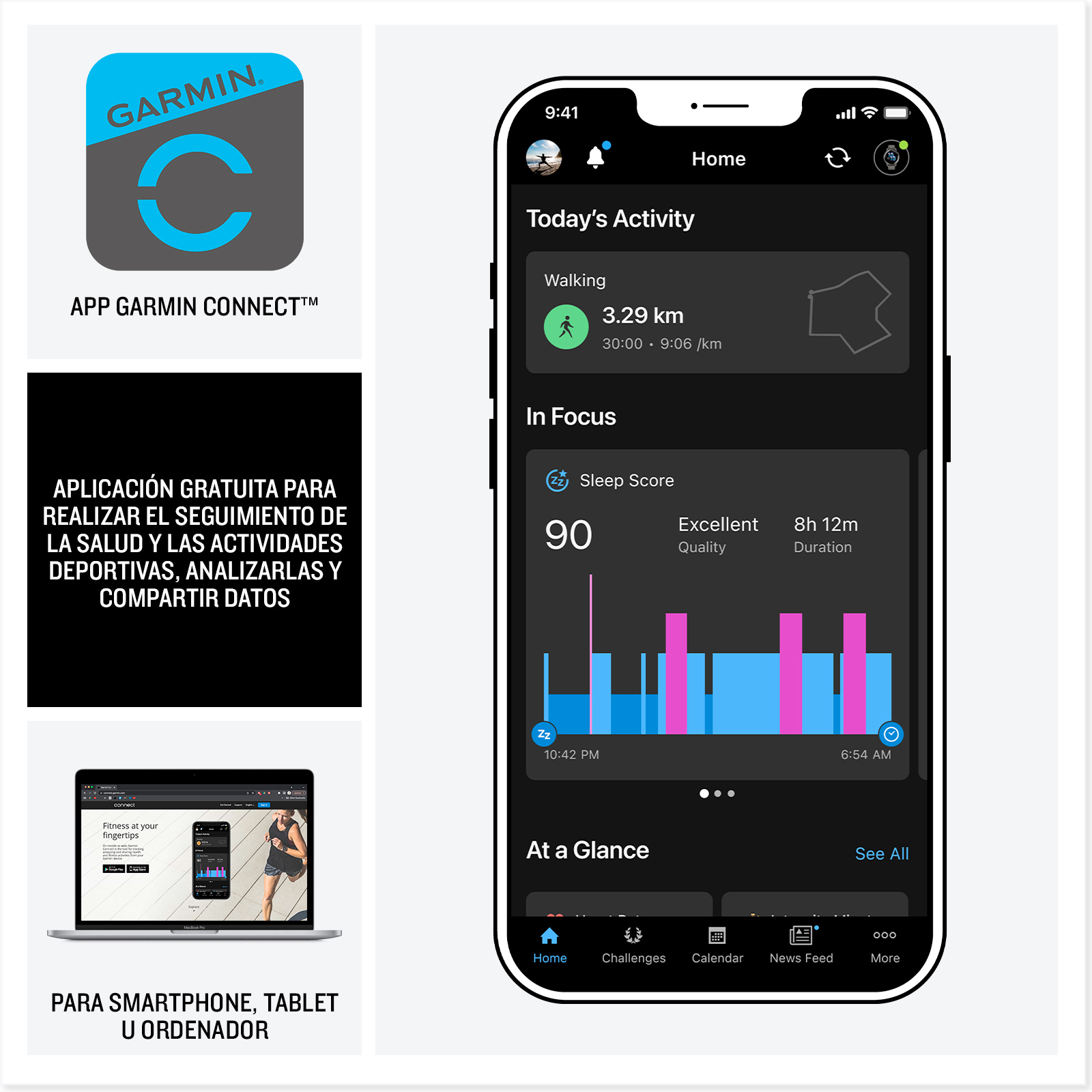 Aplicación Garmin Connect y la interfaz de la aplicación con datos de actividad, puntaje de sueño y una computadora portátil.