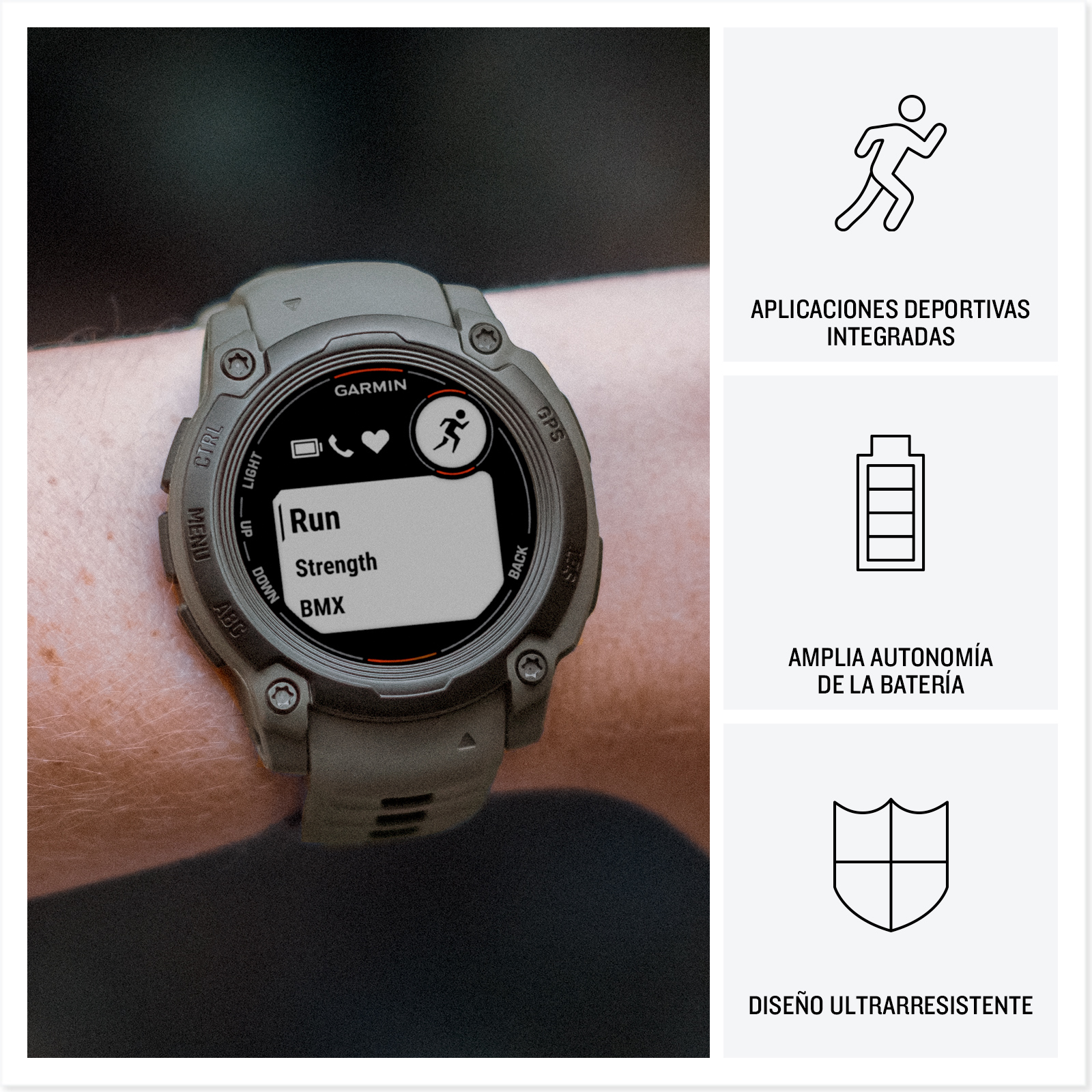 La muñeca de una persona con un reloj Garmin. El reloj muestra opciones de carrera. Iconos de aplicaciones deportivas, batería, y ultra-resistencia.