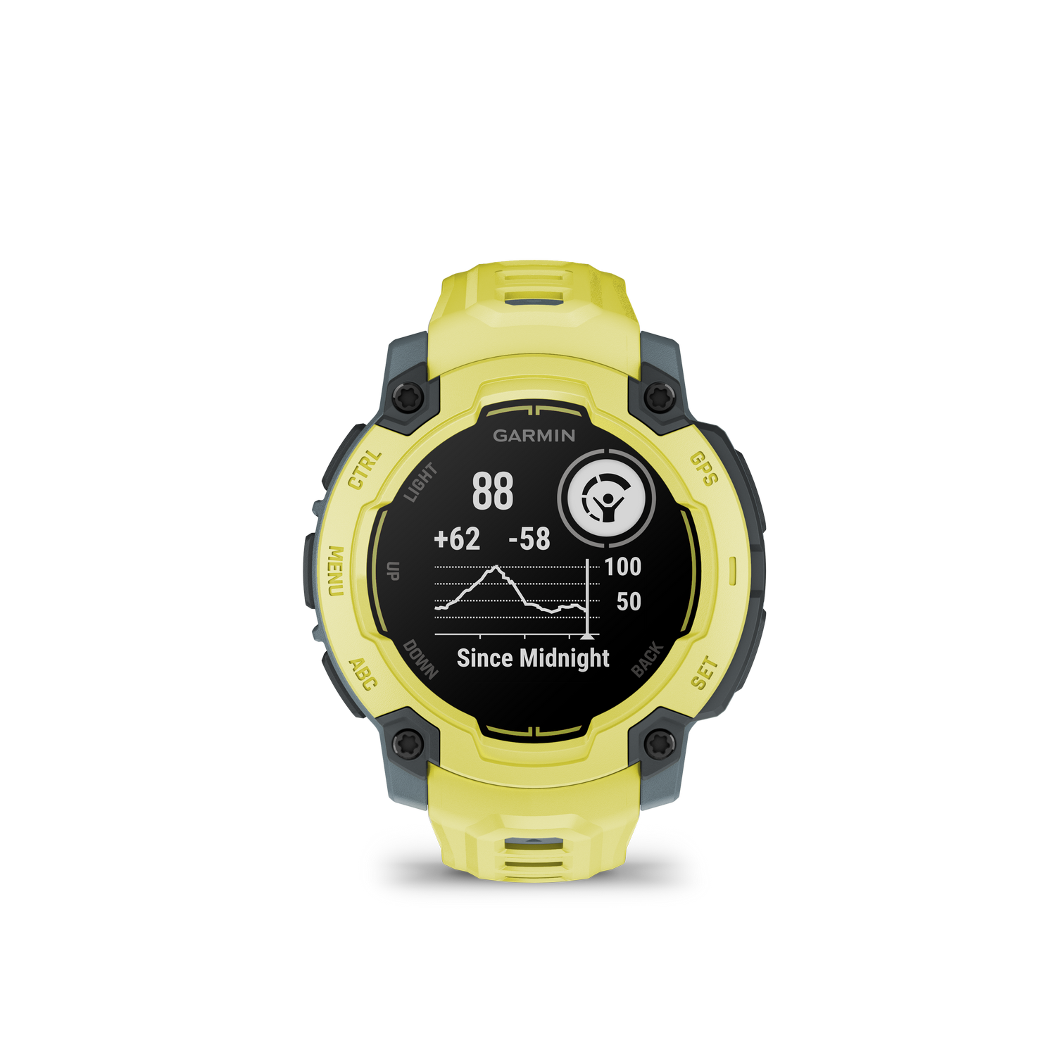 Reloj inteligente Garmin amarillo sobre fondo negro. Pantalla muestra frecuencia cardíaca, tiempo y datos.
