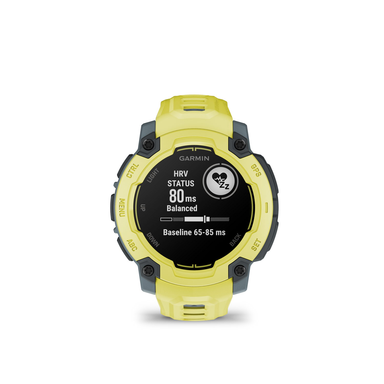 Reloj inteligente Garmin amarillo muestra datos de frecuencia cardíaca y estado 'Equilibrado'.