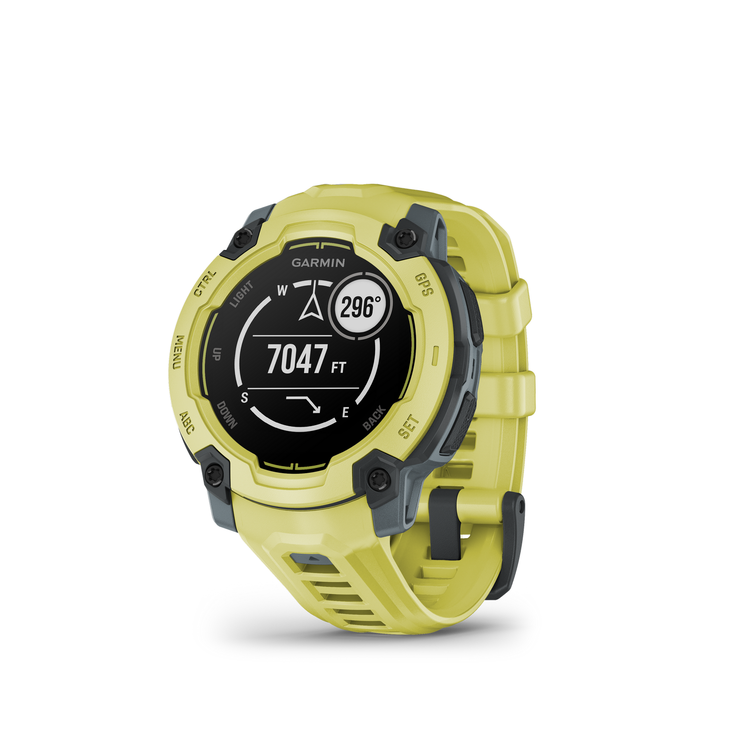 Un reloj Garmin amarillo-verde sobre un fondo negro. El reloj muestra datos de brújula y altitud.