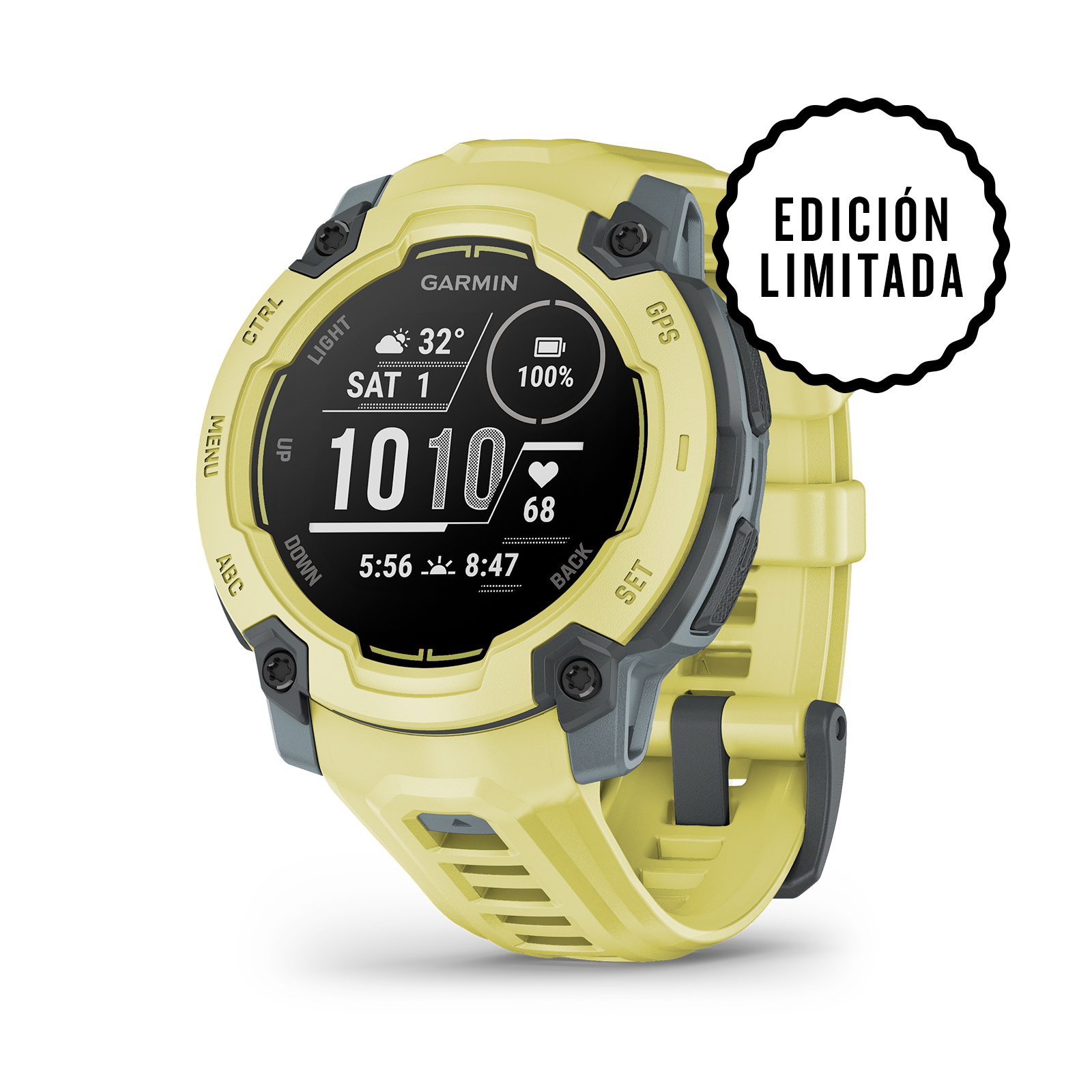 Reloj Garmin amarillo con pantalla negra y etiqueta de edición limitada.