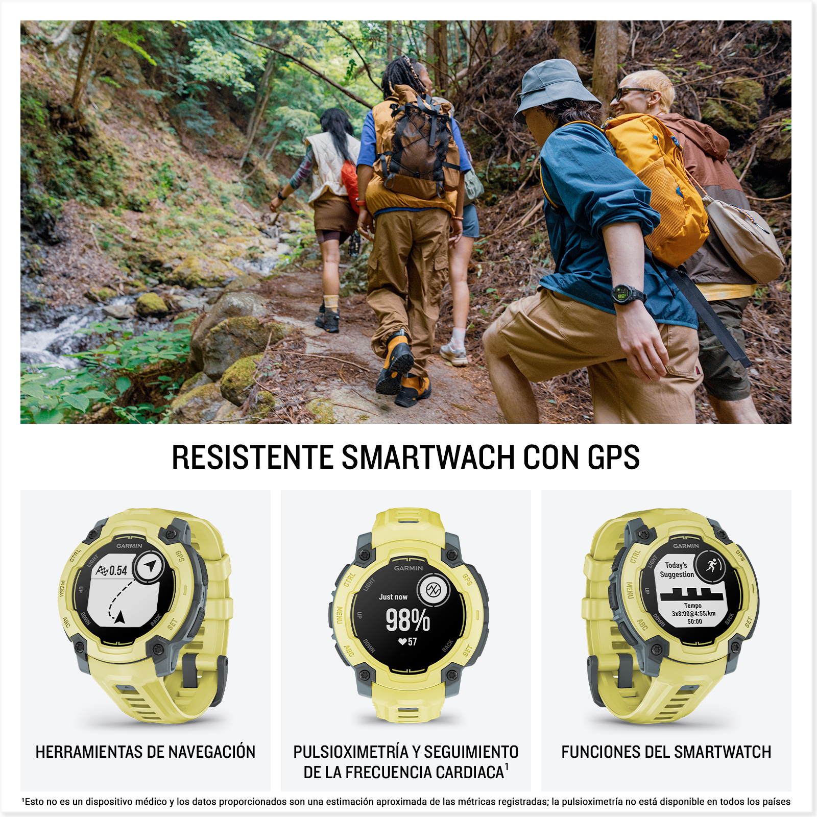 Personas caminando, un reloj inteligente mostrando datos de actividad y herramientas de navegación.