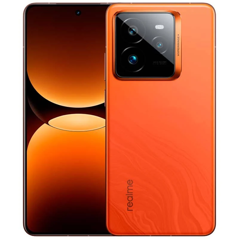 Un teléfono naranja con una protuberancia de cámara y una pantalla negra.