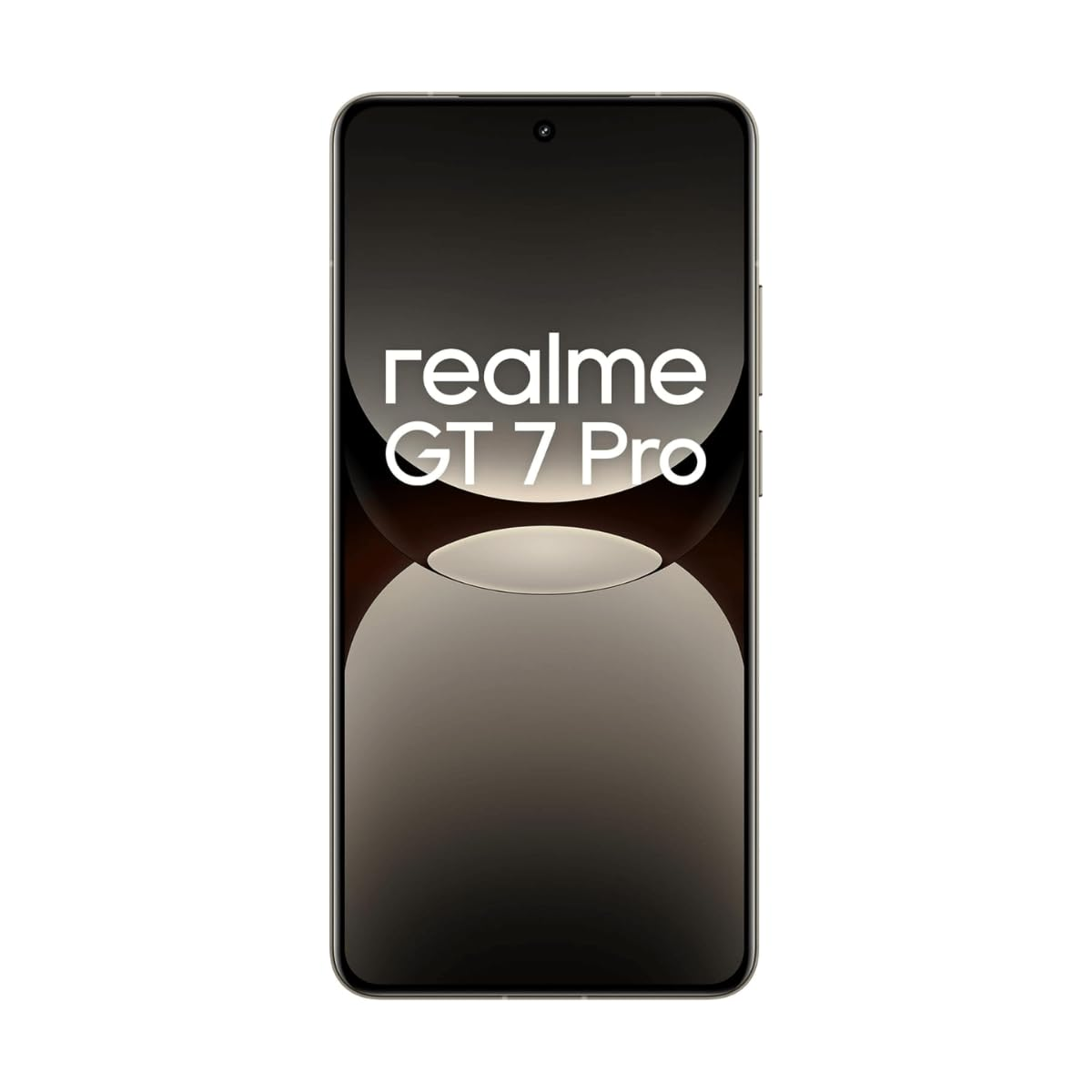 Una pantalla de smartphone muestra 'realme GT 7 Pro' sobre un fondo oscuro con un efecto de luz circular.