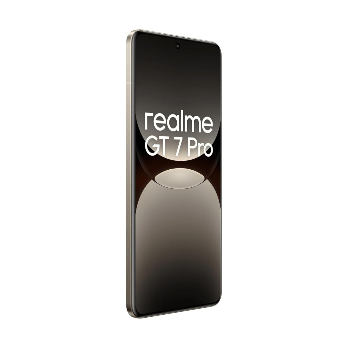 Un teléfono inteligente Realme GT 7 Pro dorado, en ángulo, sobre un fondo blanco. La pantalla está oscura.