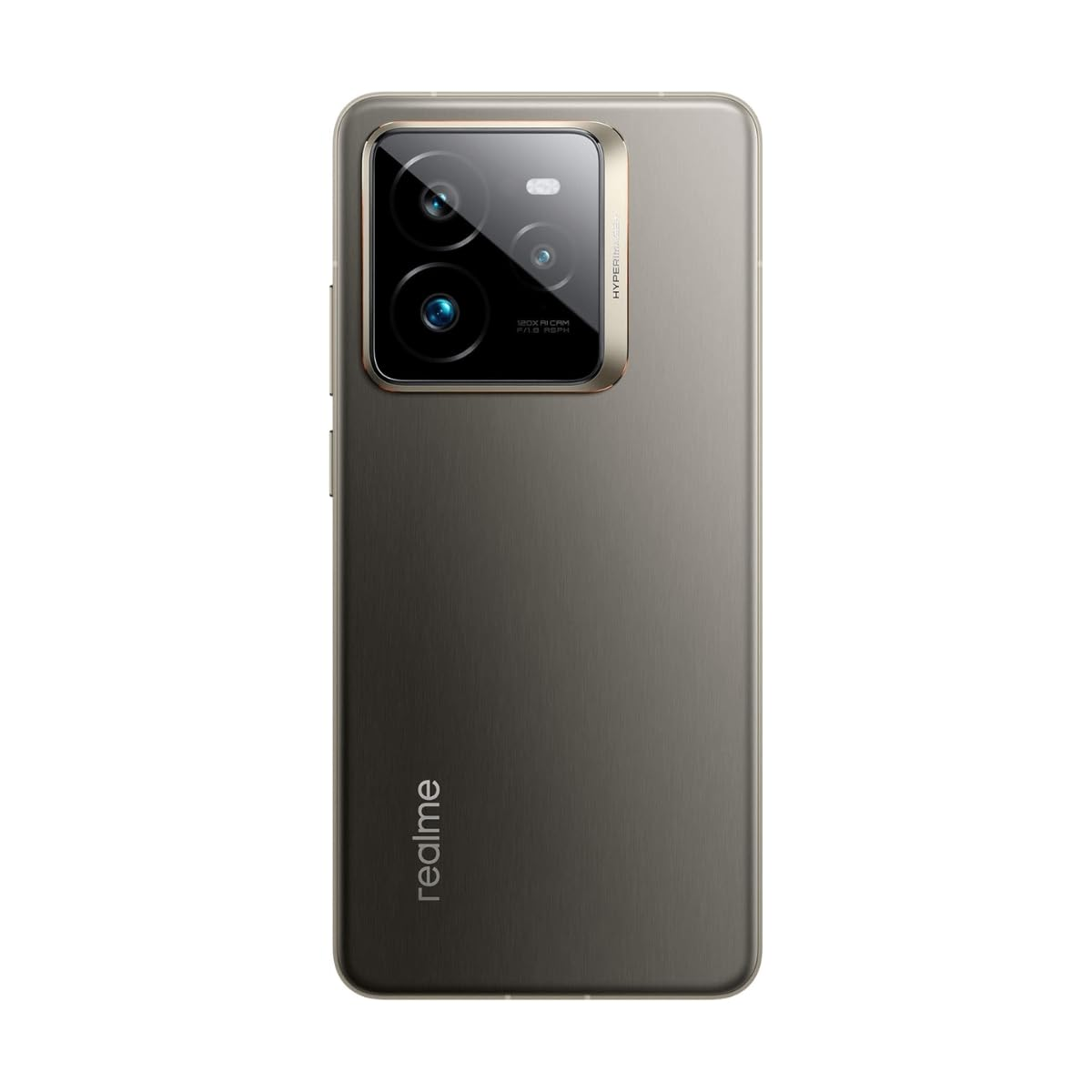 Un smartphone gris con un gran módulo de cámara y el logo 'realme' en la parte inferior.