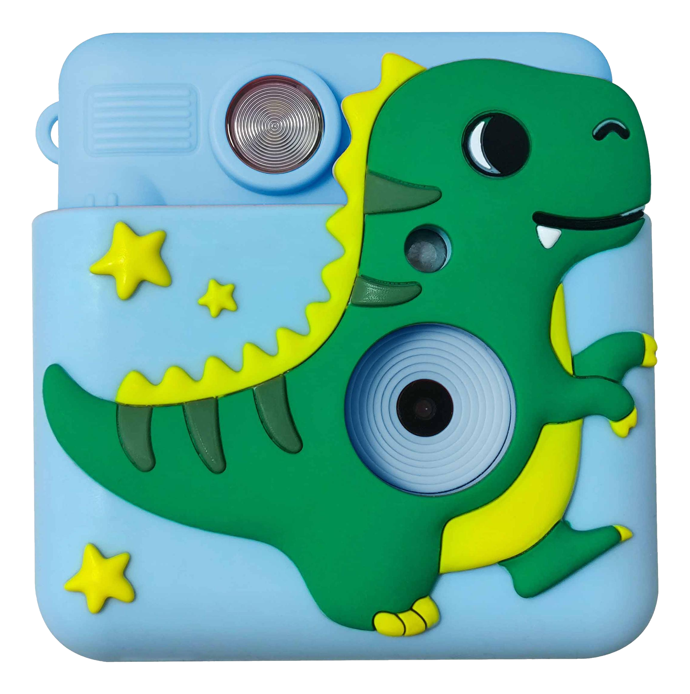 Appareil photo jouet bleu en forme de dinosaure vert avec des accents jaunes et des formes d'étoiles.