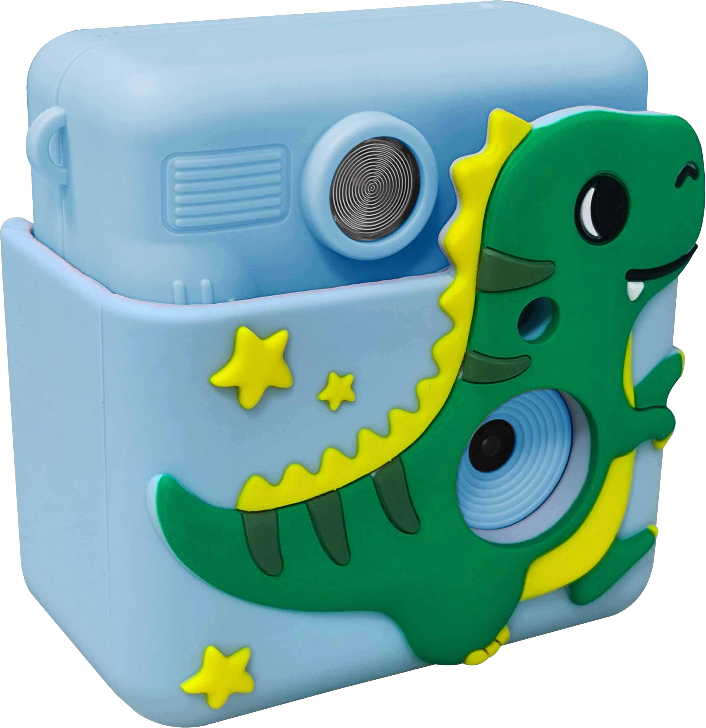 Un appareil photo jouet bleu avec un dinosaure vert dessus. Étoiles jaunes décorent le côté.
