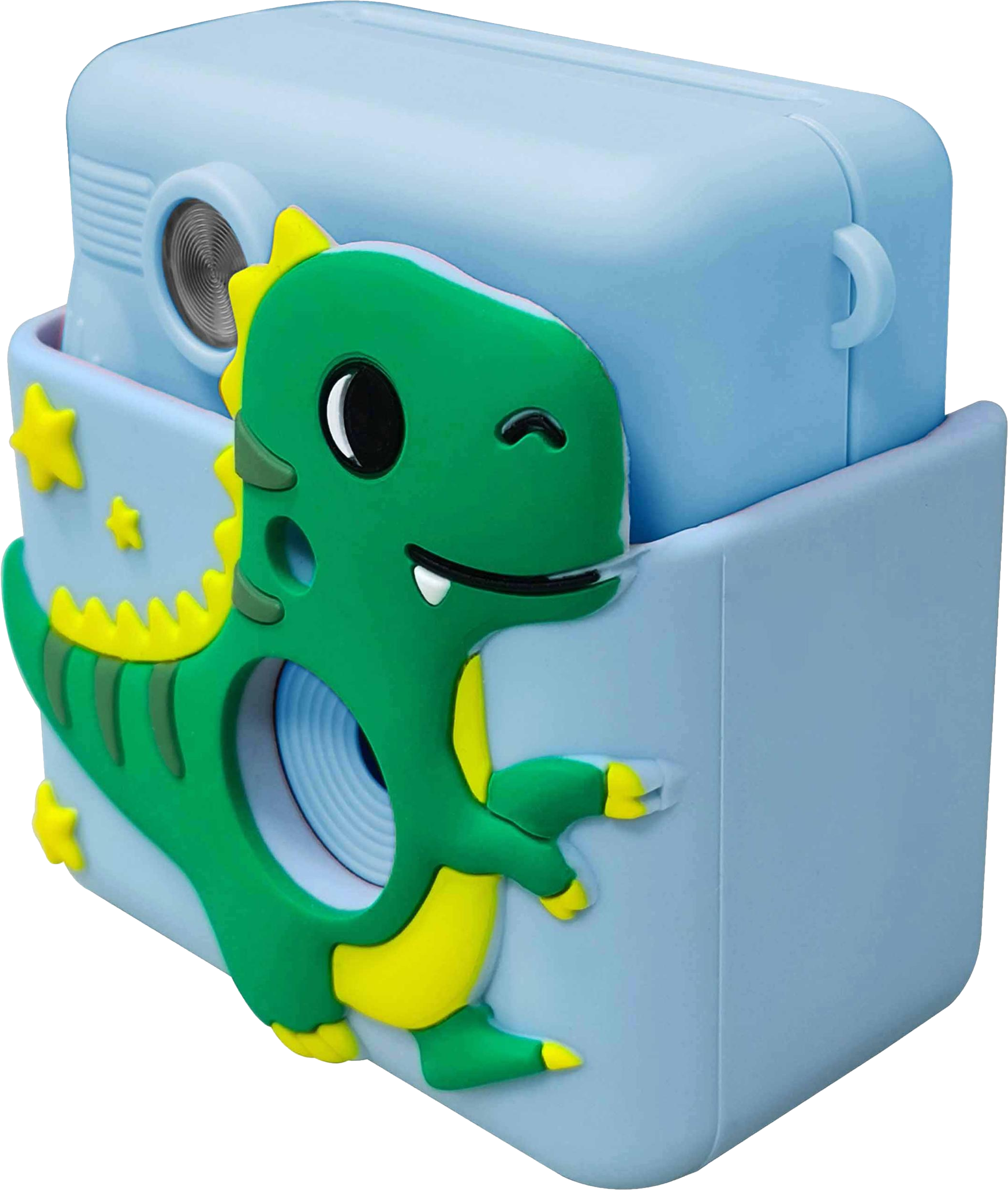 Un appareil photo bleu avec un motif de dinosaure vert. Le dinosaure entoure l'avant de l'appareil photo.