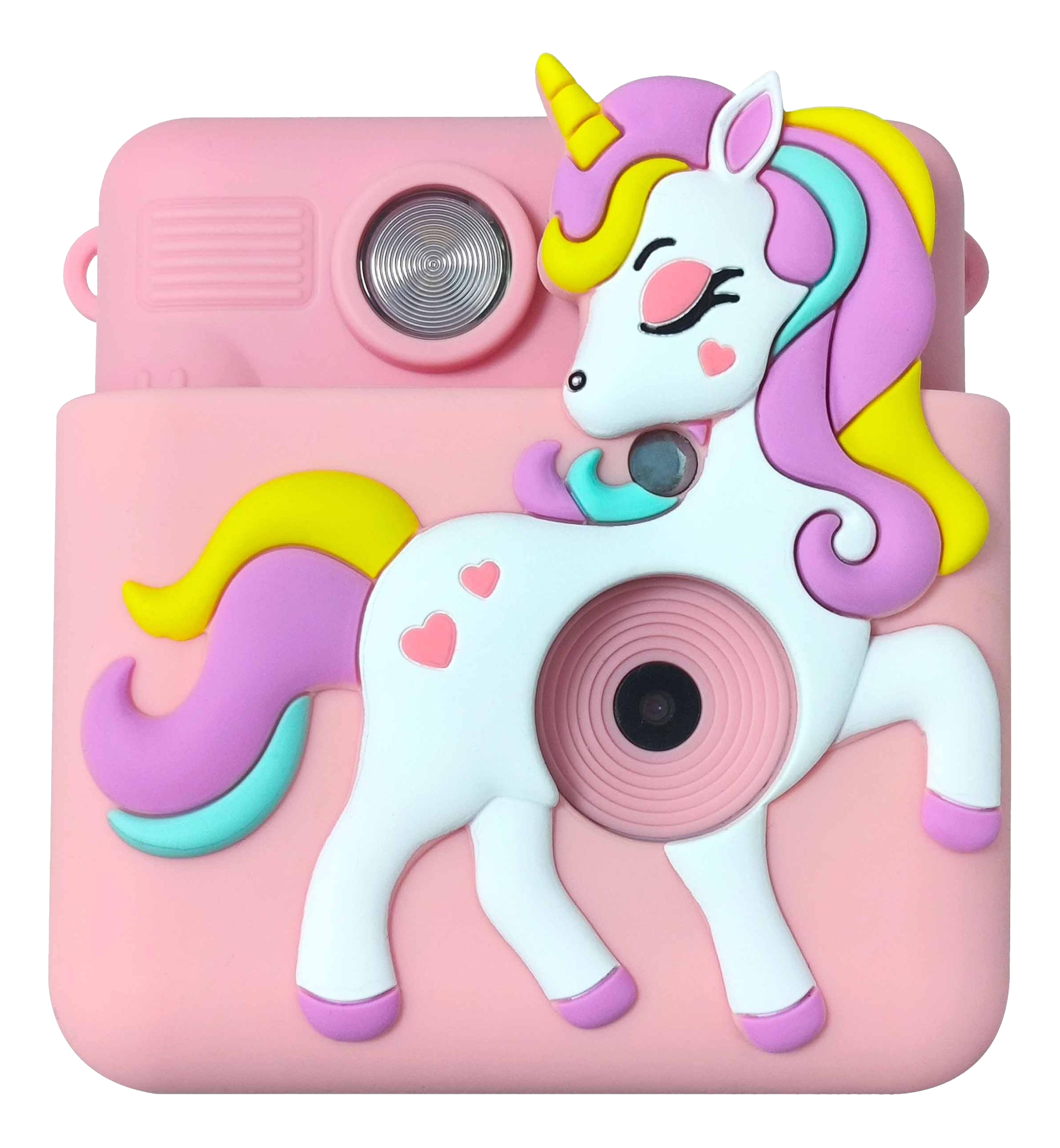 Un appareil photo jouet rose avec une licorne dessus. La licorne est blanche, jaune et rose. L'appareil a un objectif.