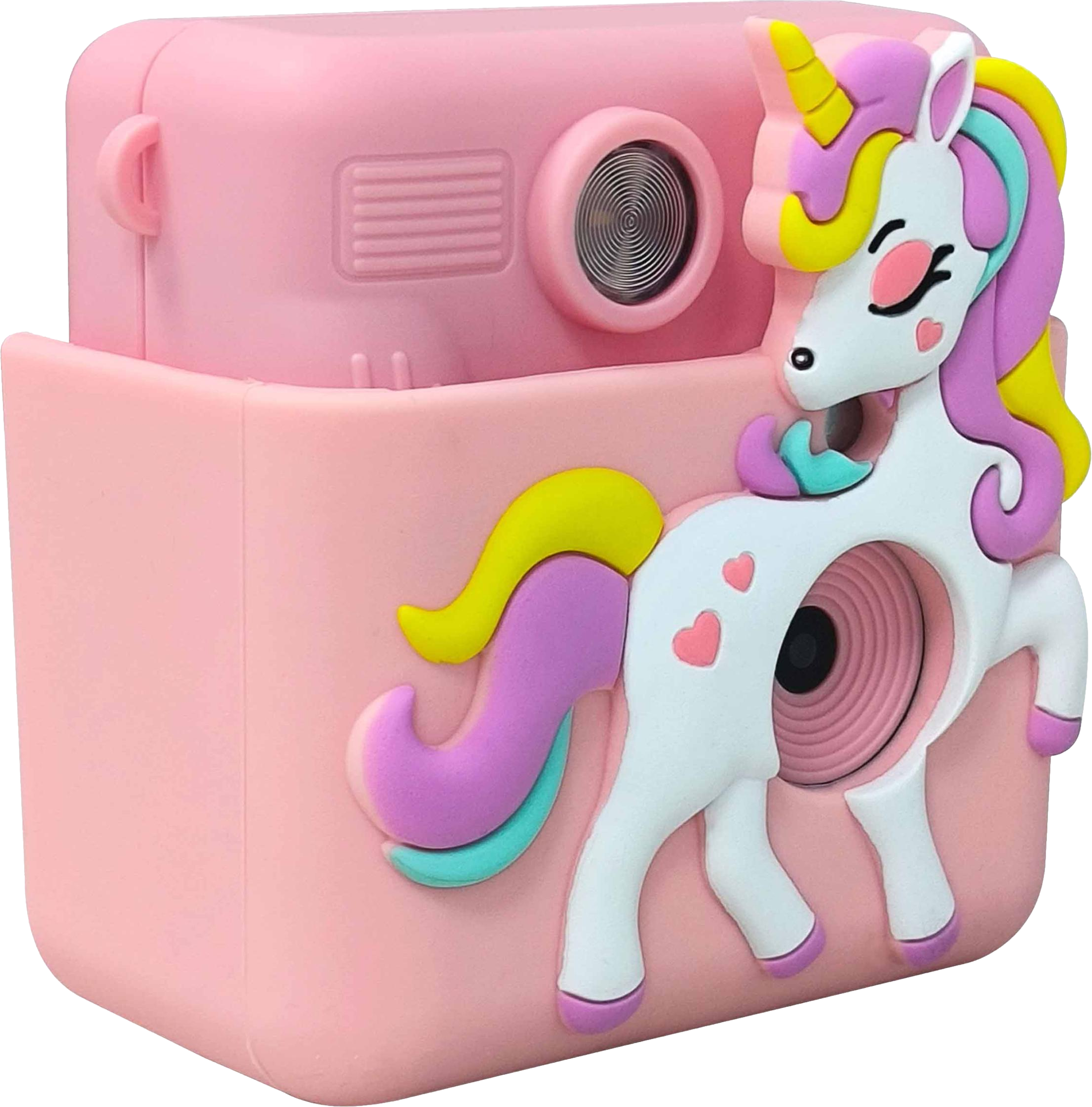 Appareil photo jouet rose avec licorne, fond blanc.
