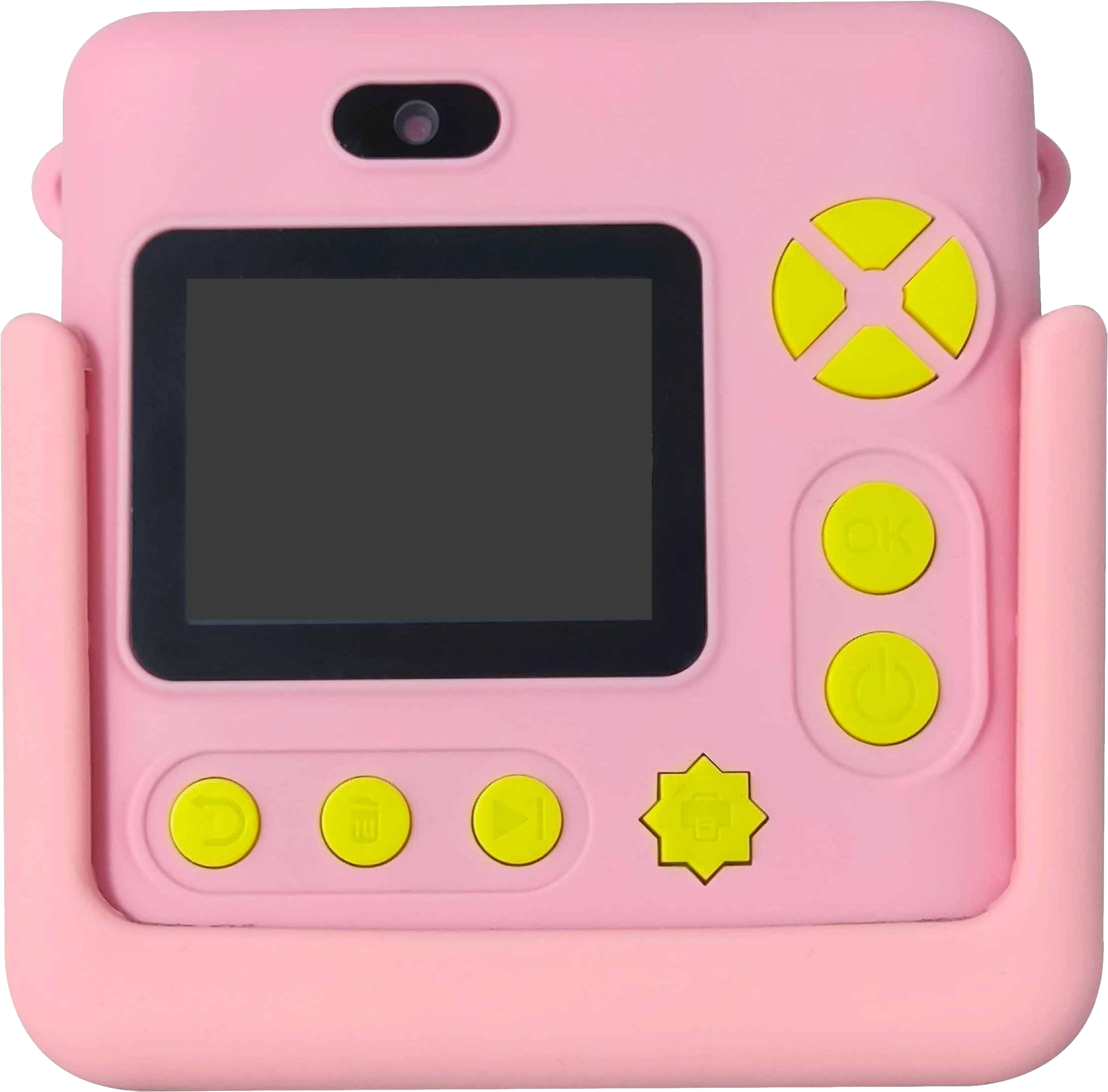 Appareil photo jouet rose avec écran et boutons jaunes. Fond noir.