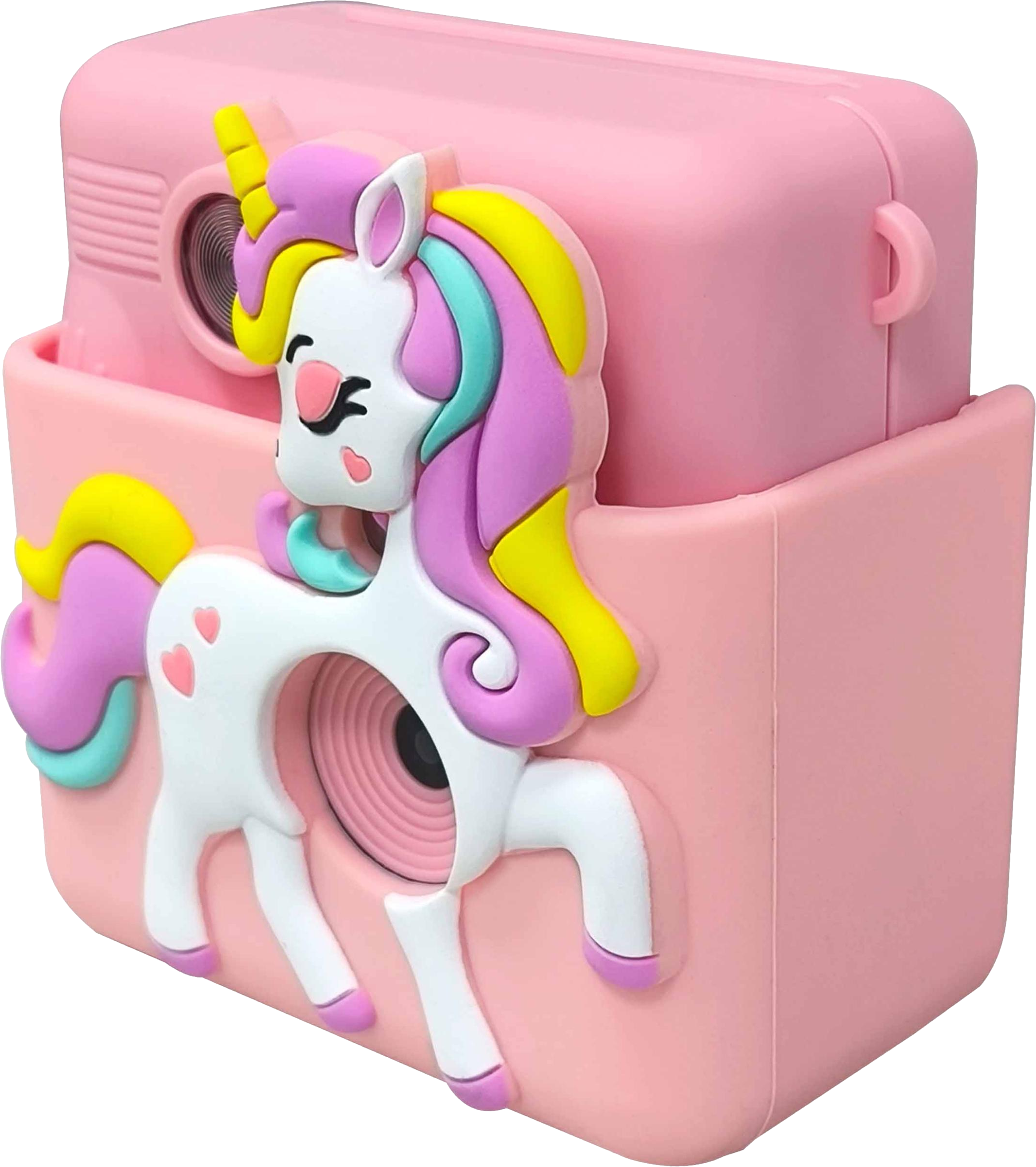 Appareil photo rose avec un motif licorne. Il a un corps rose et une licorne avec des accents colorés.