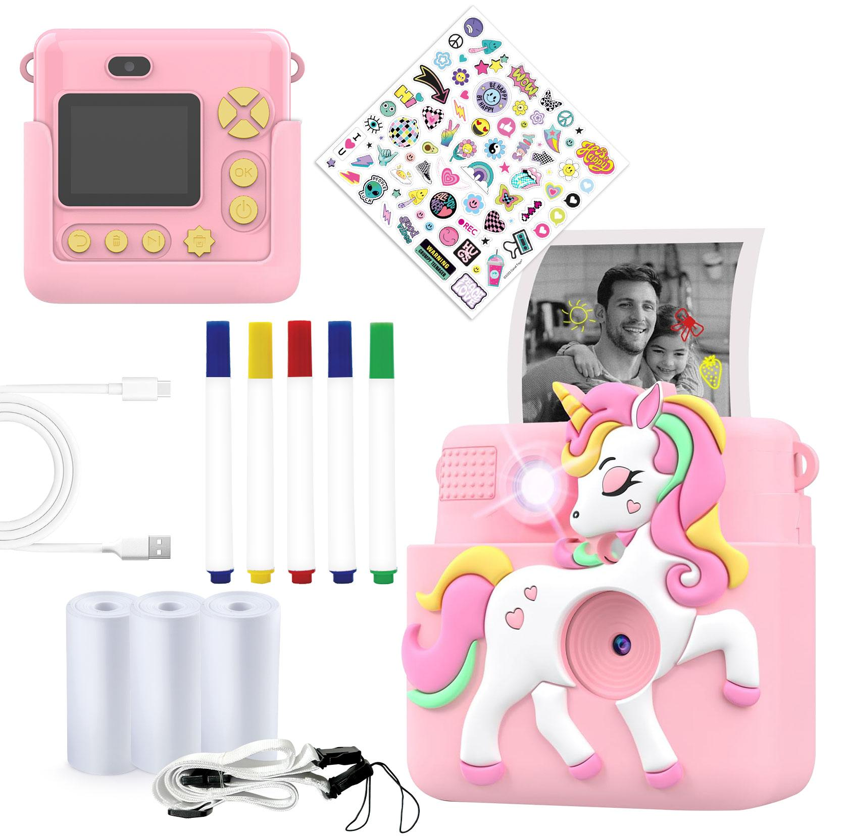 Kit d'appareil photo rose : appareil photo, autocollants, marqueurs, film et lanière.