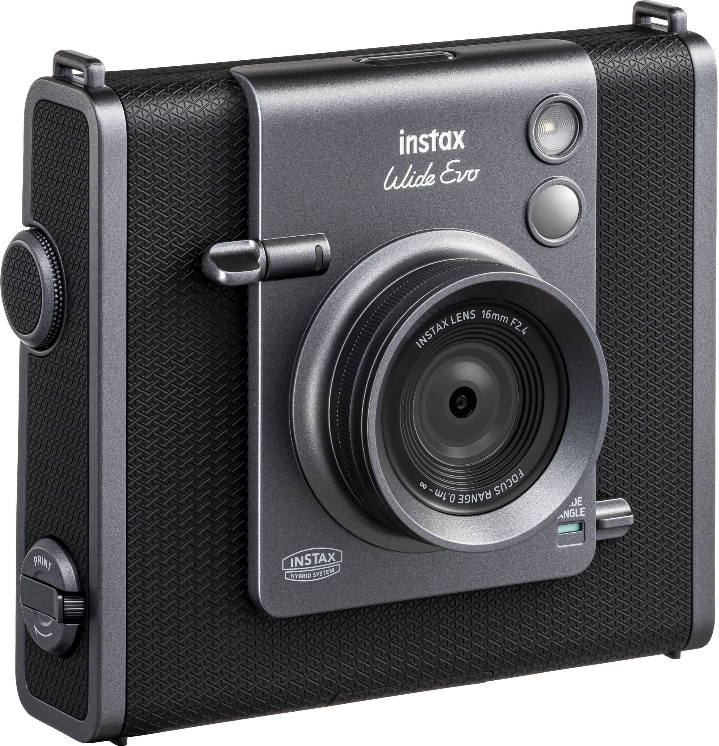Fotocamera instax Wide Evo, nera con finiture grigie.