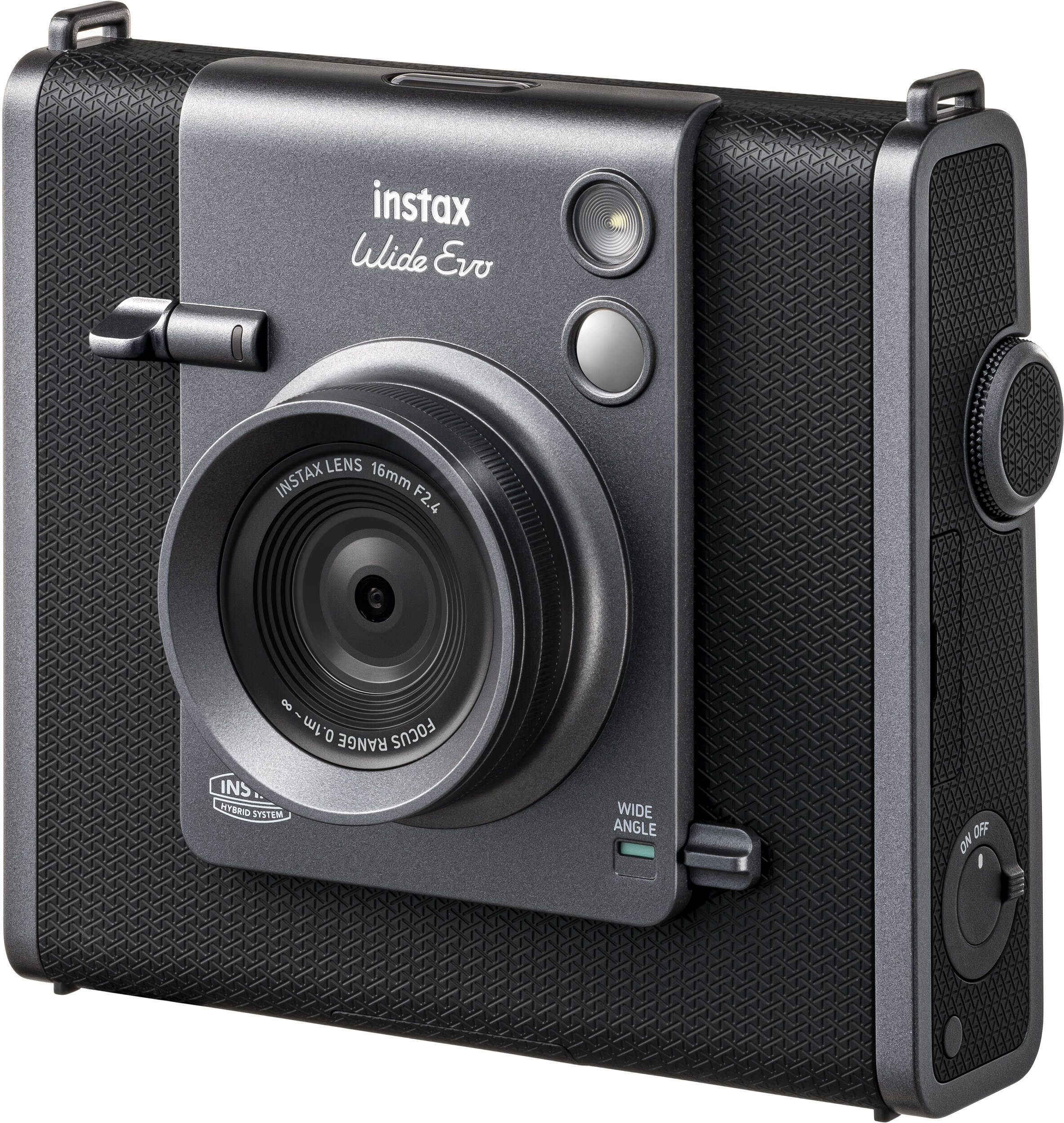 Fotocamera Instax Wide Evo, nera e grigia, con obiettivo e pulsanti.