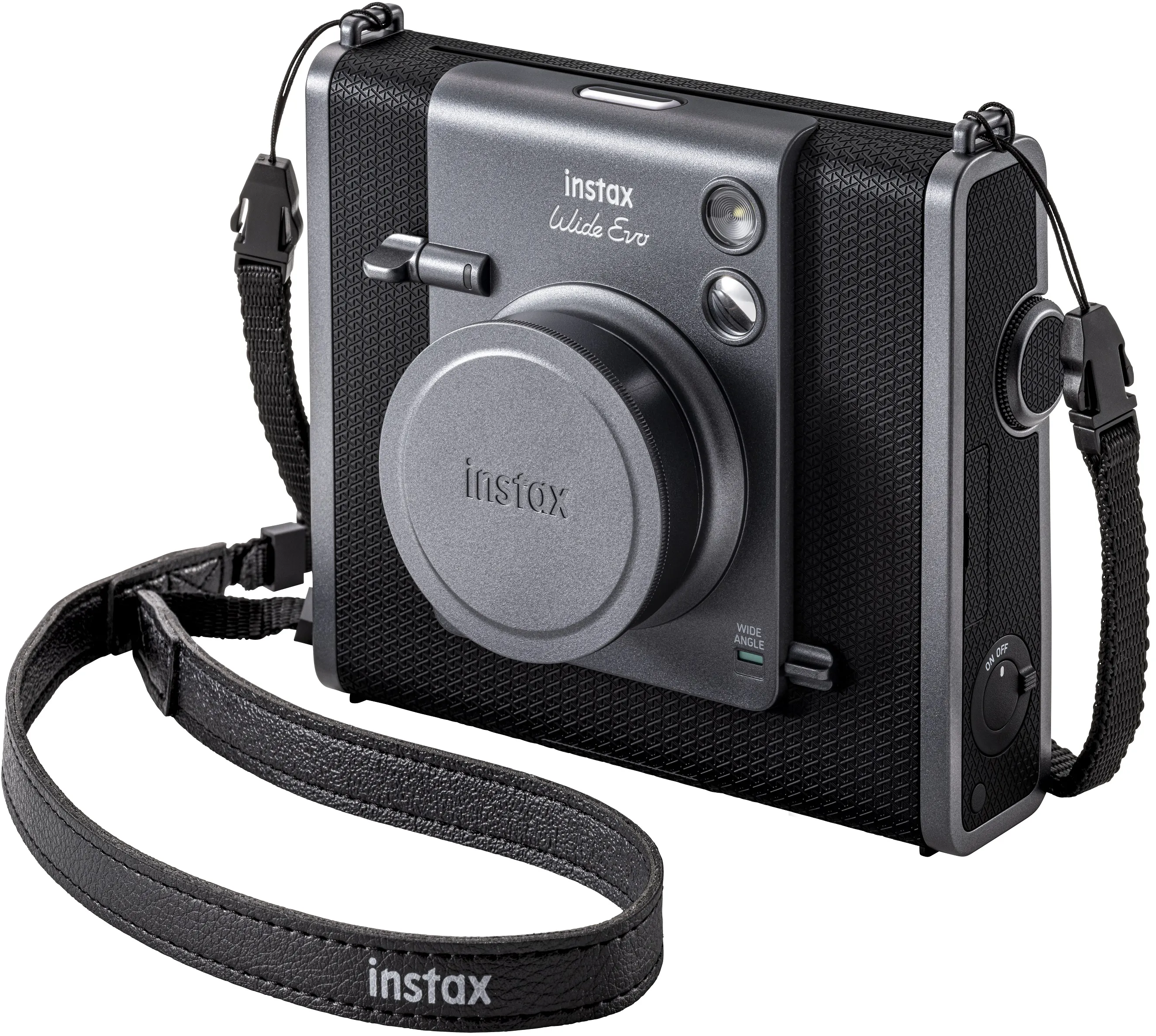 Fotocamera istantanea nera e grigia con cinturino. 'Instax Wide Evo' scritto frontalmente.