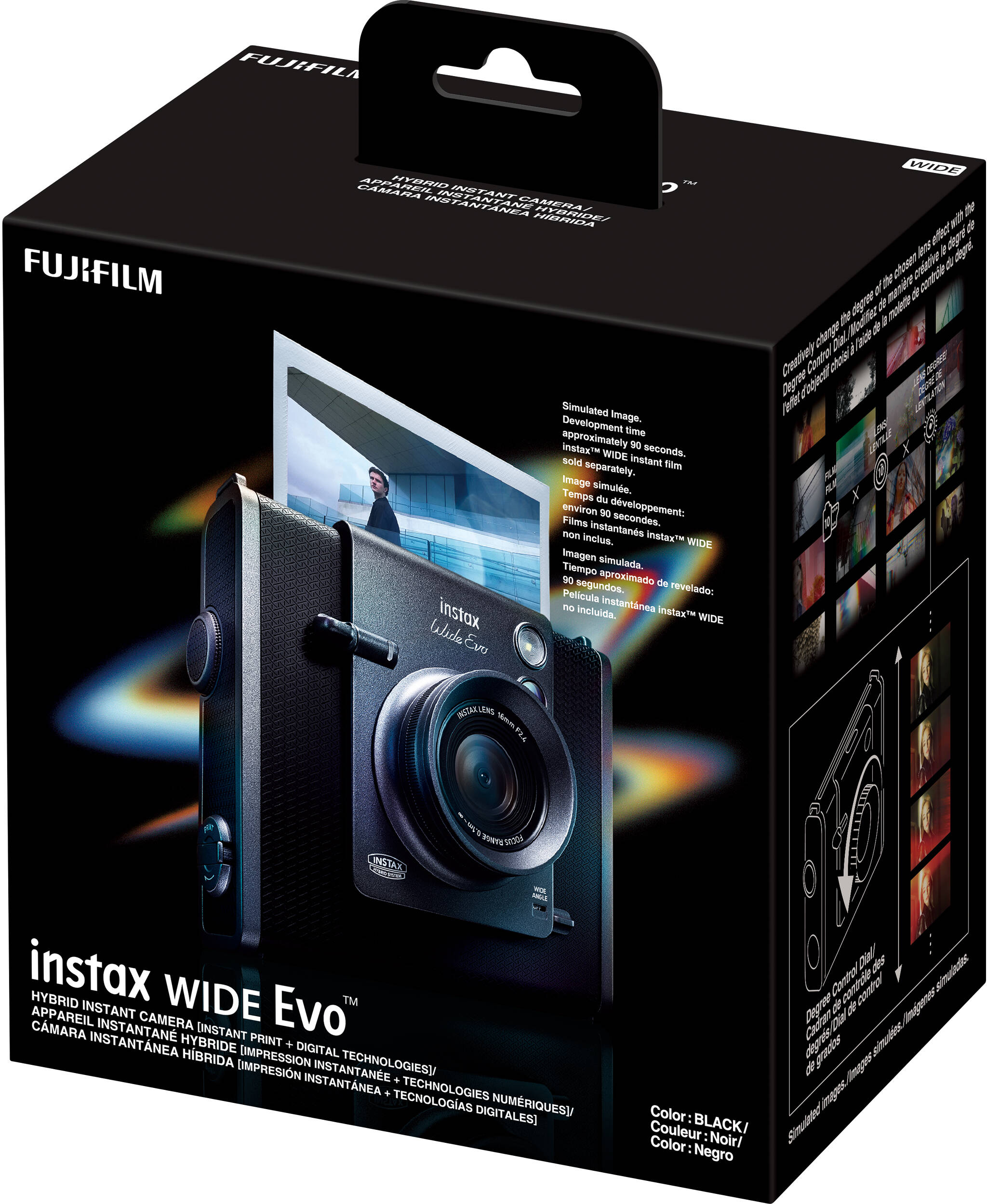 Una fotocamera istantanea nera in una scatola nera con immagini.