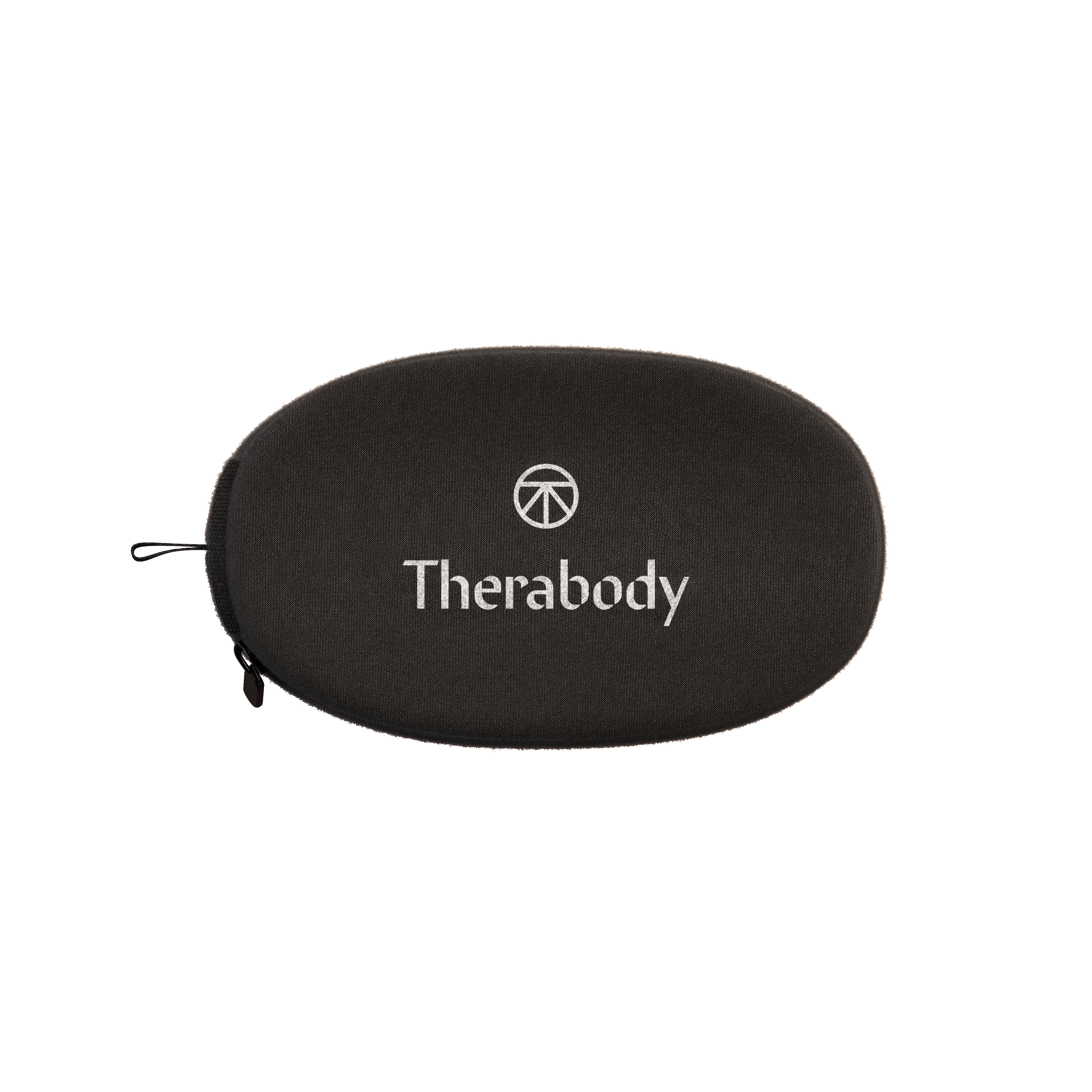 Ein schwarzes Therabody-Etui mit dem Therabody-Logo und einem Reißverschluss.