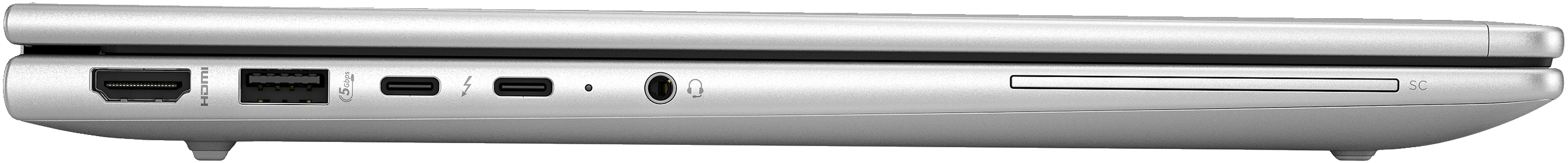 Silberner Laptop, Seitenansicht, mit Anschlüssen und Steckern.