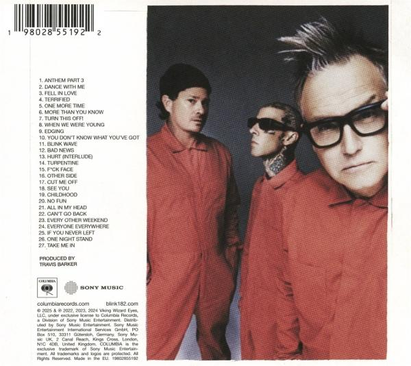Album-Rückseite. Drei Männer in roten Overalls sind abgebildet. Text und ein Logo befinden sich unten.