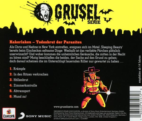 Rückseite einer CD. Gelber Hintergrund. Bild eines Cowboys, Text auf Deutsch und Fledermäuse.