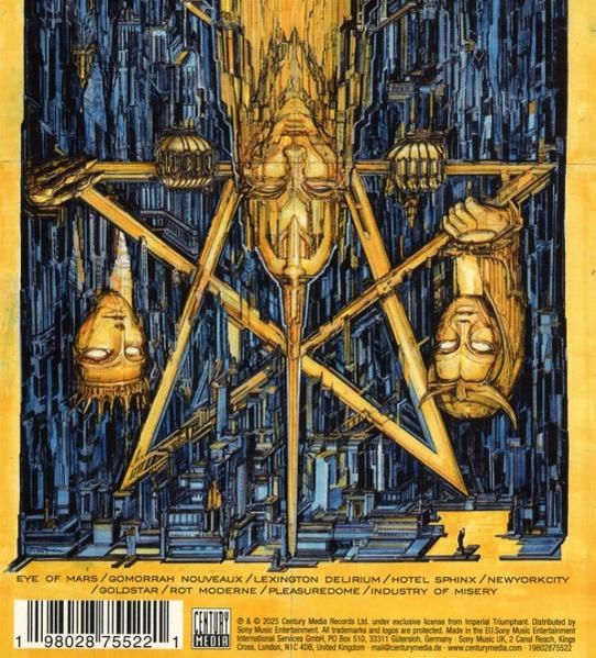 Abstrakte Illustration mit geometrischen und menschlichen Elementen, Gold- und Blautönen.