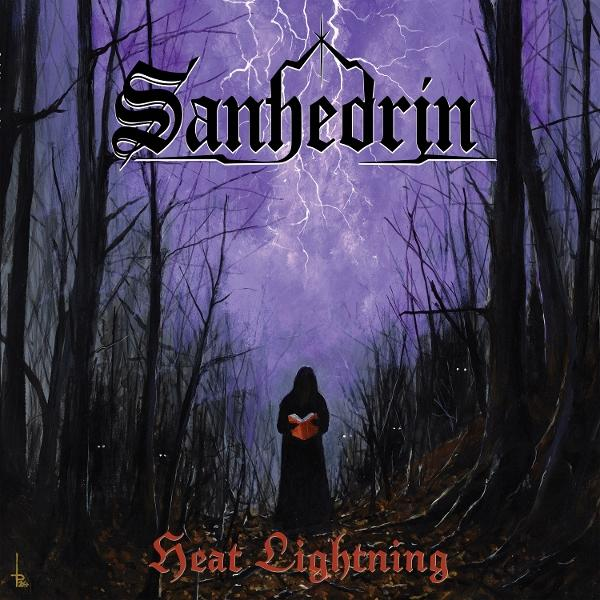Albumcover: Person mit Buch im Wald, Blitz, Text: Heat Lightning, Sanhedrin.