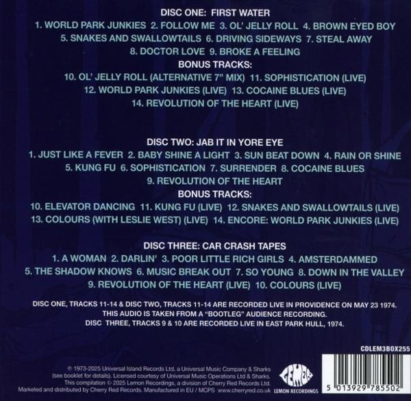 Albumcover mit Text. Titelliste über drei Discs. Copyright- und Labelinformationen unten.