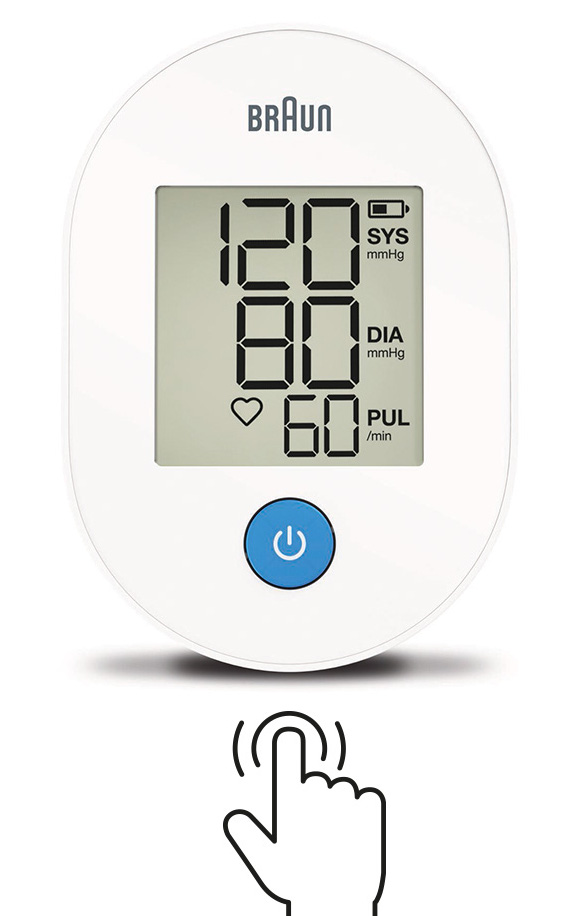 Biały monitor ciśnienia krwi z wyświetlaczem. Palec dotyka ekranu.