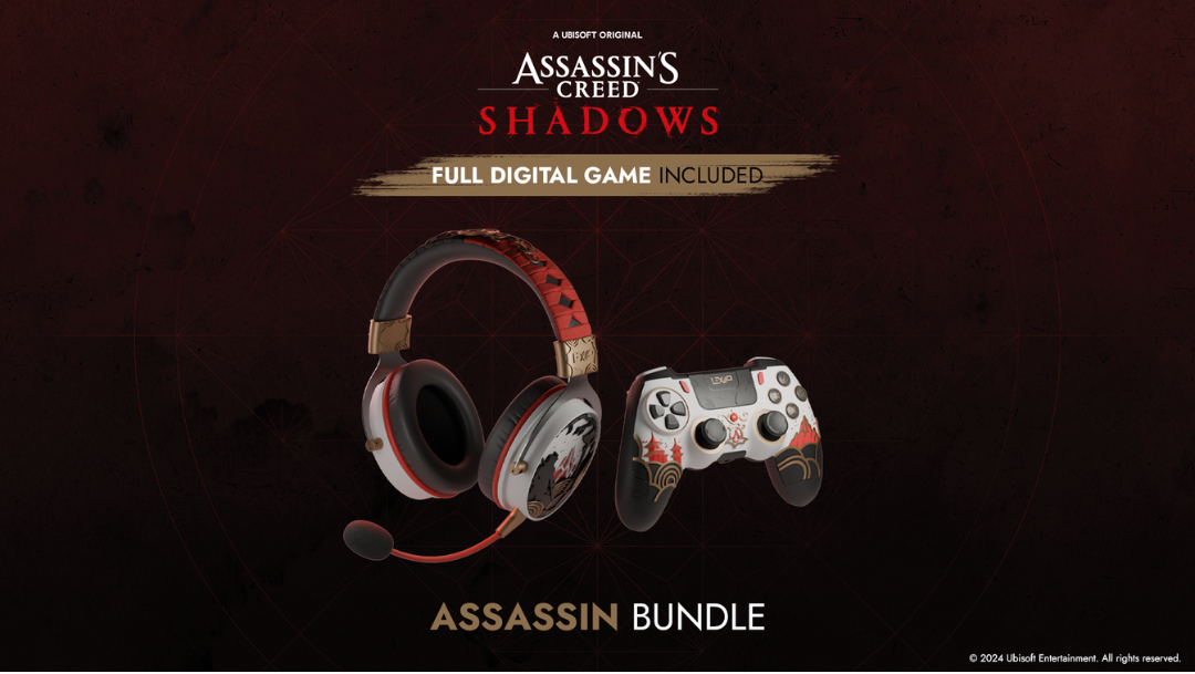 Zestaw Assassin's Creed Shadows: zestaw słuchawkowy, kontroler i gra.