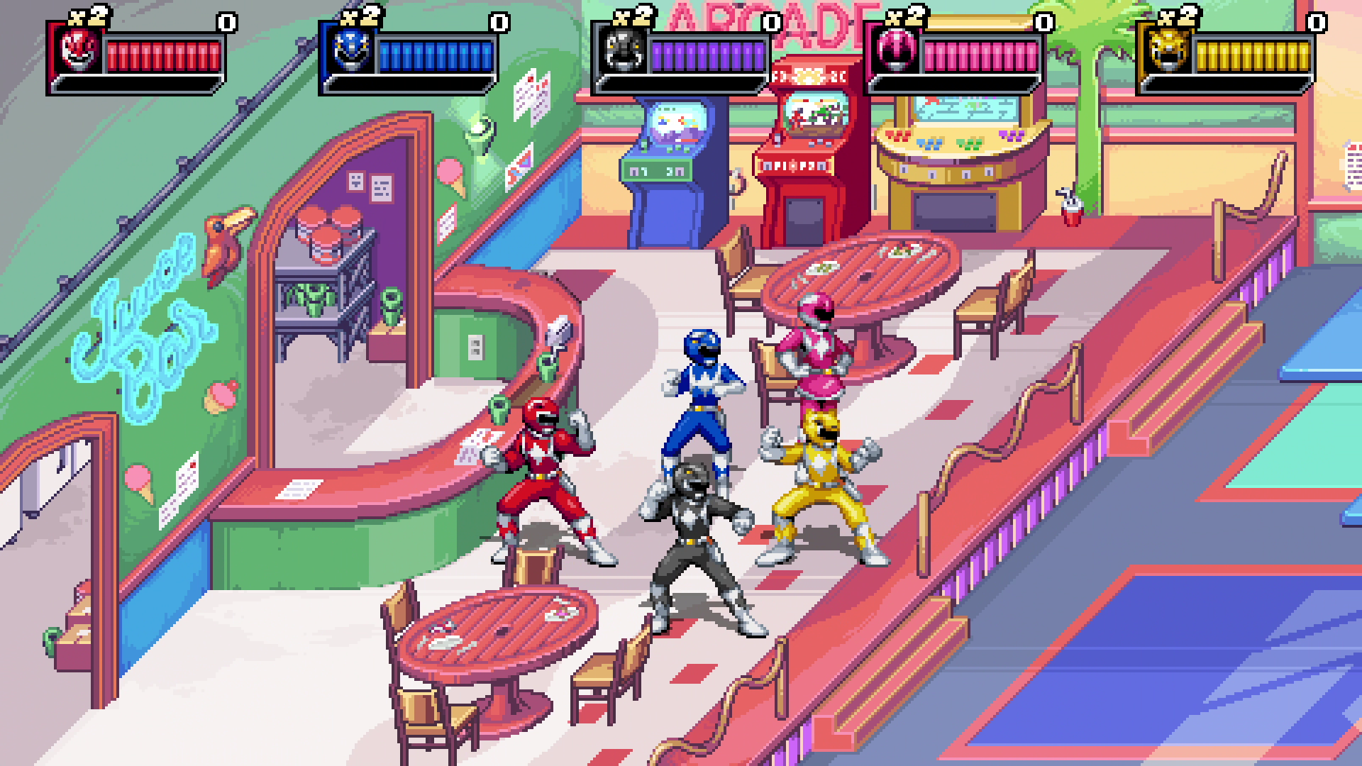 Imagen pixelada de los Power Rangers luchando en un bar de zumos.