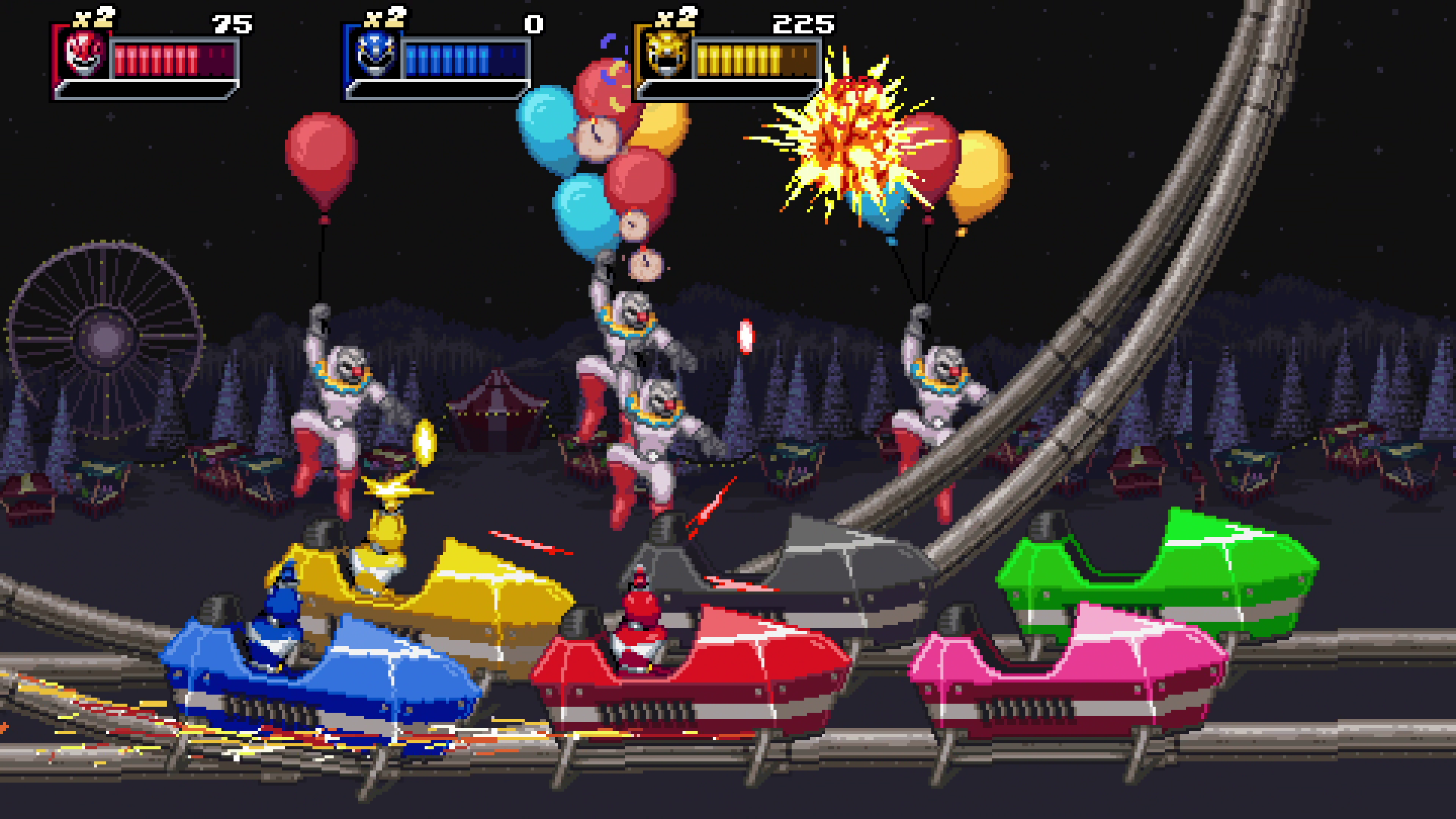 Escena de juego pixel art: personajes en coches, globos y una montaña rusa.