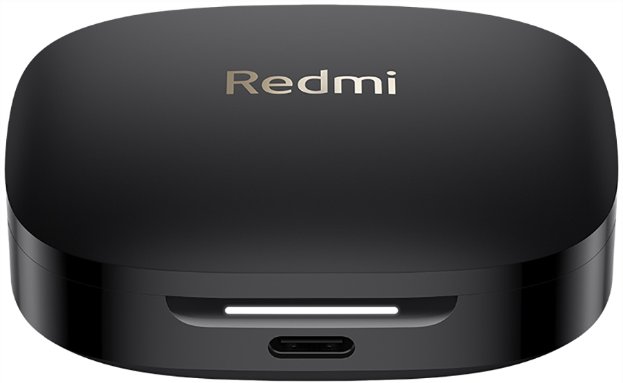 Schwarzes Redmi-Ohrhörer-Etui. Abgerundete Rechteckform. USB-C-Anschluss. Redmi-Logo in Gold.