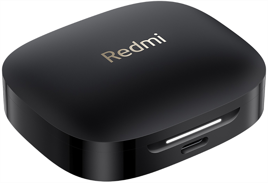 Schwarzes Redmi-Kopfhörer-Etui mit Redmi-Logo. Zeigt einen Ladeanschluss unten.